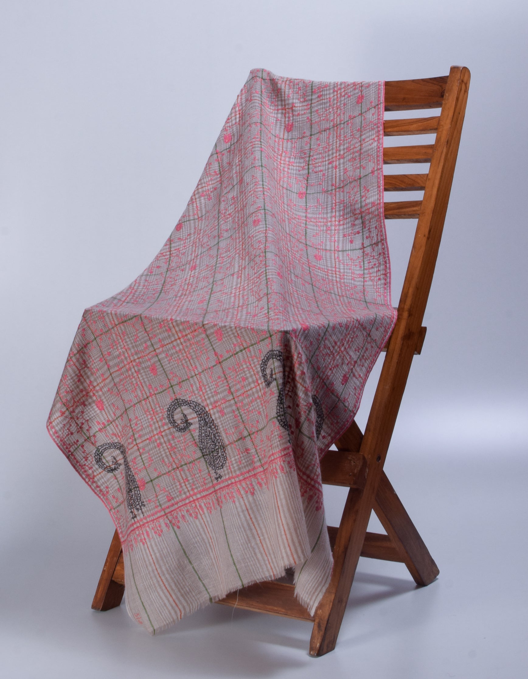Cream Brown Check stripes Handwoven Sozni Embroidered Cashmere Pashmina Stole - Kashmir Box