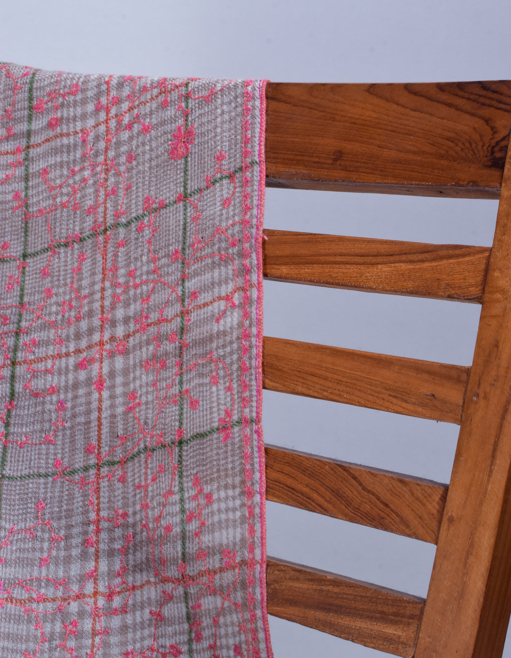 Cream Brown Check stripes Handwoven Sozni Embroidered Cashmere Pashmina Stole - Kashmir Box