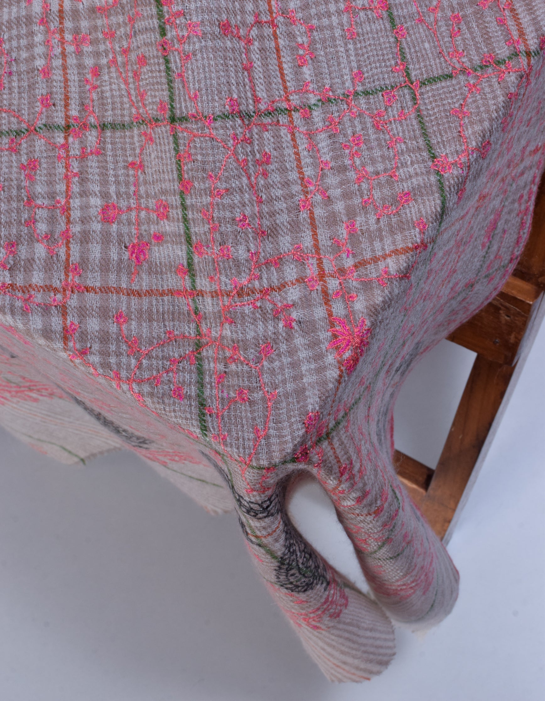 Cream Brown Check stripes Handwoven Sozni Embroidered Cashmere Pashmina Stole - Kashmir Box