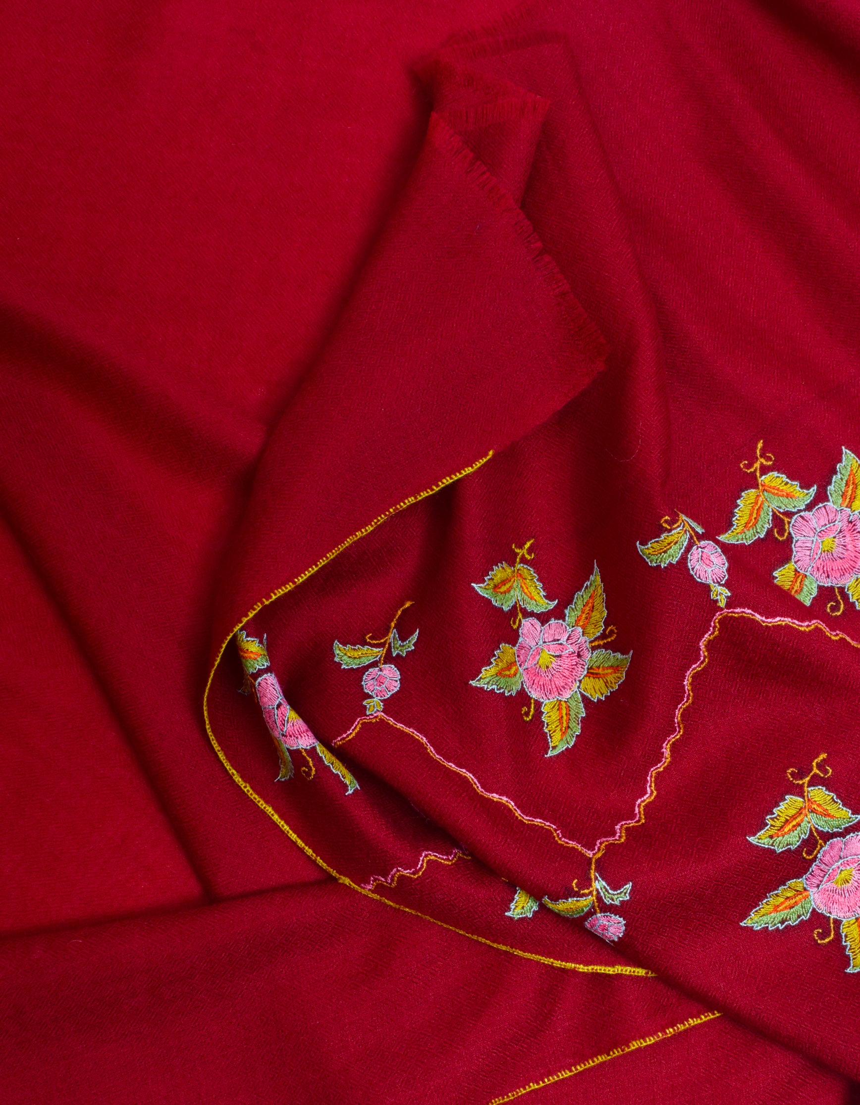 Deep Maroon Handwoven Border Palla Embroidered Cashmere Pashmina Stole - Kashmir Box