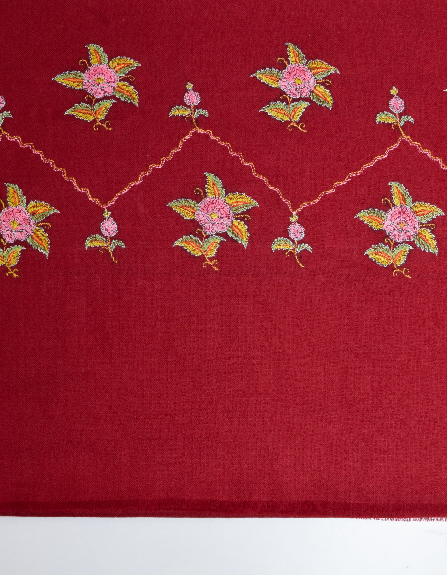 Deep Maroon Handwoven Border Palla Embroidered Cashmere Pashmina Stole - Kashmir Box