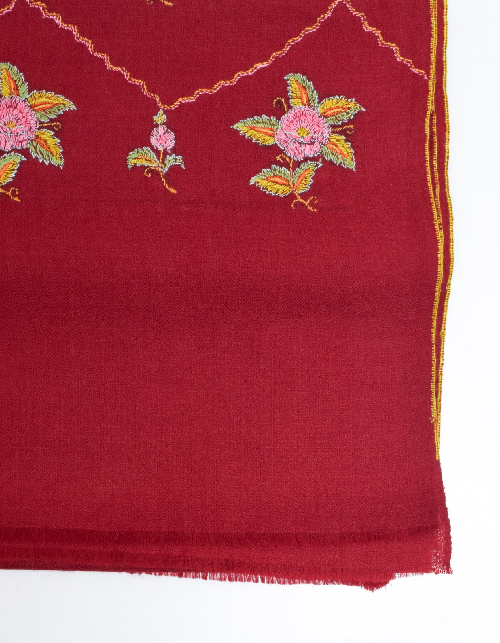 Deep Maroon Handwoven Border Palla Embroidered Cashmere Pashmina Stole - Kashmir Box