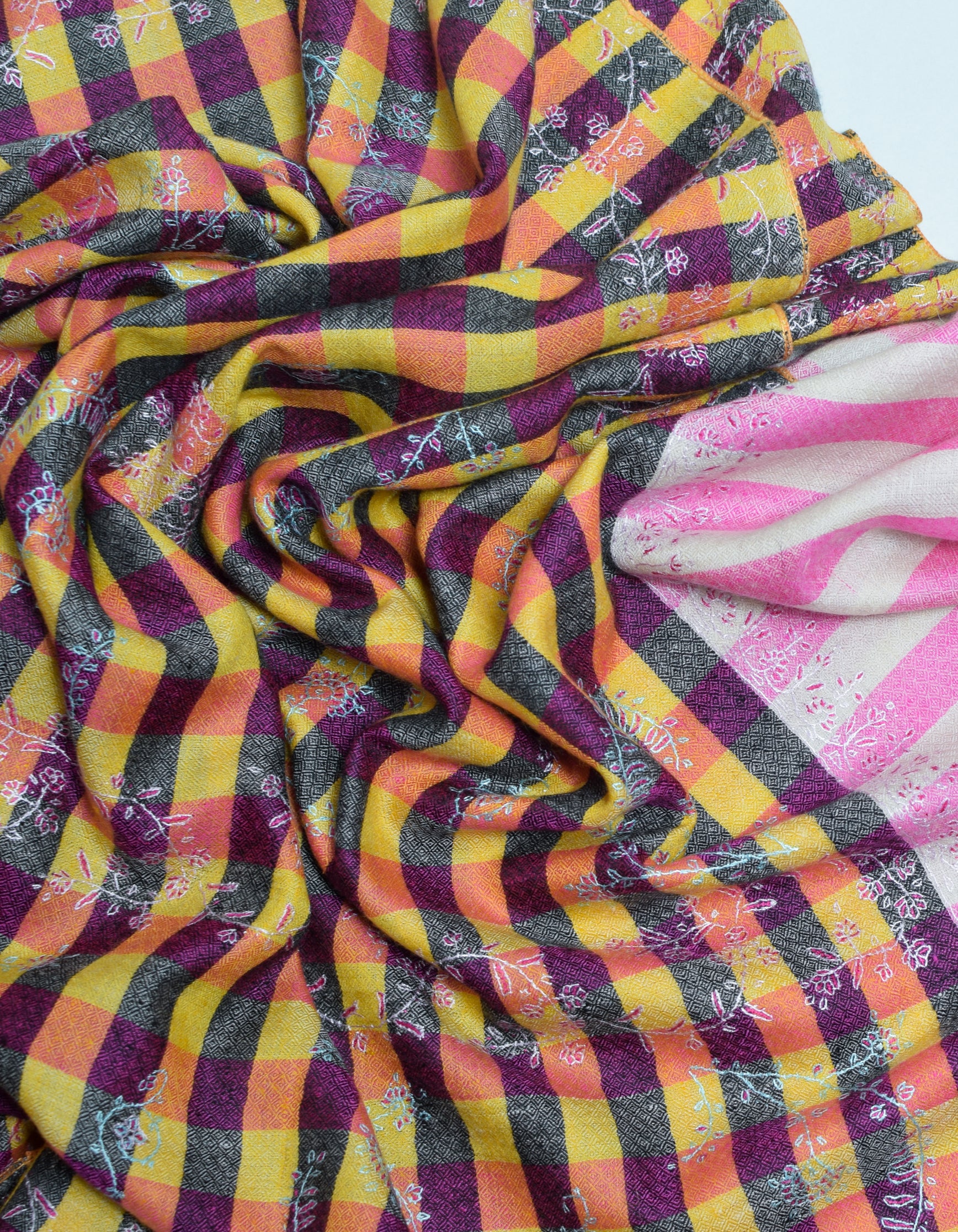 Modern Royal Check Multi-Pattern Handwoven Embroidered Cashmere Pashmina Stole - Kashmir Box