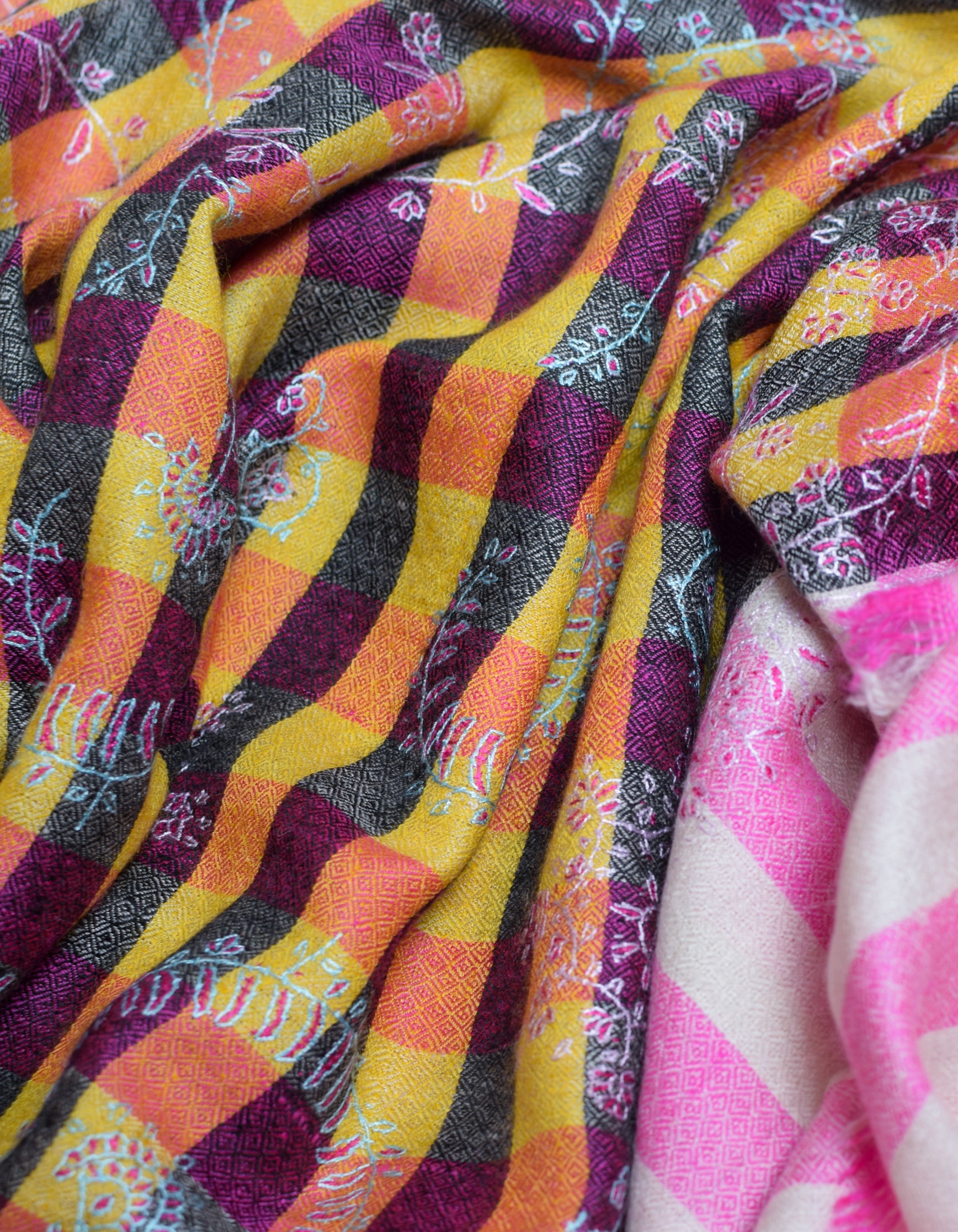 Modern Royal Check Multi-Pattern Handwoven Embroidered Cashmere Pashmina Stole - Kashmir Box