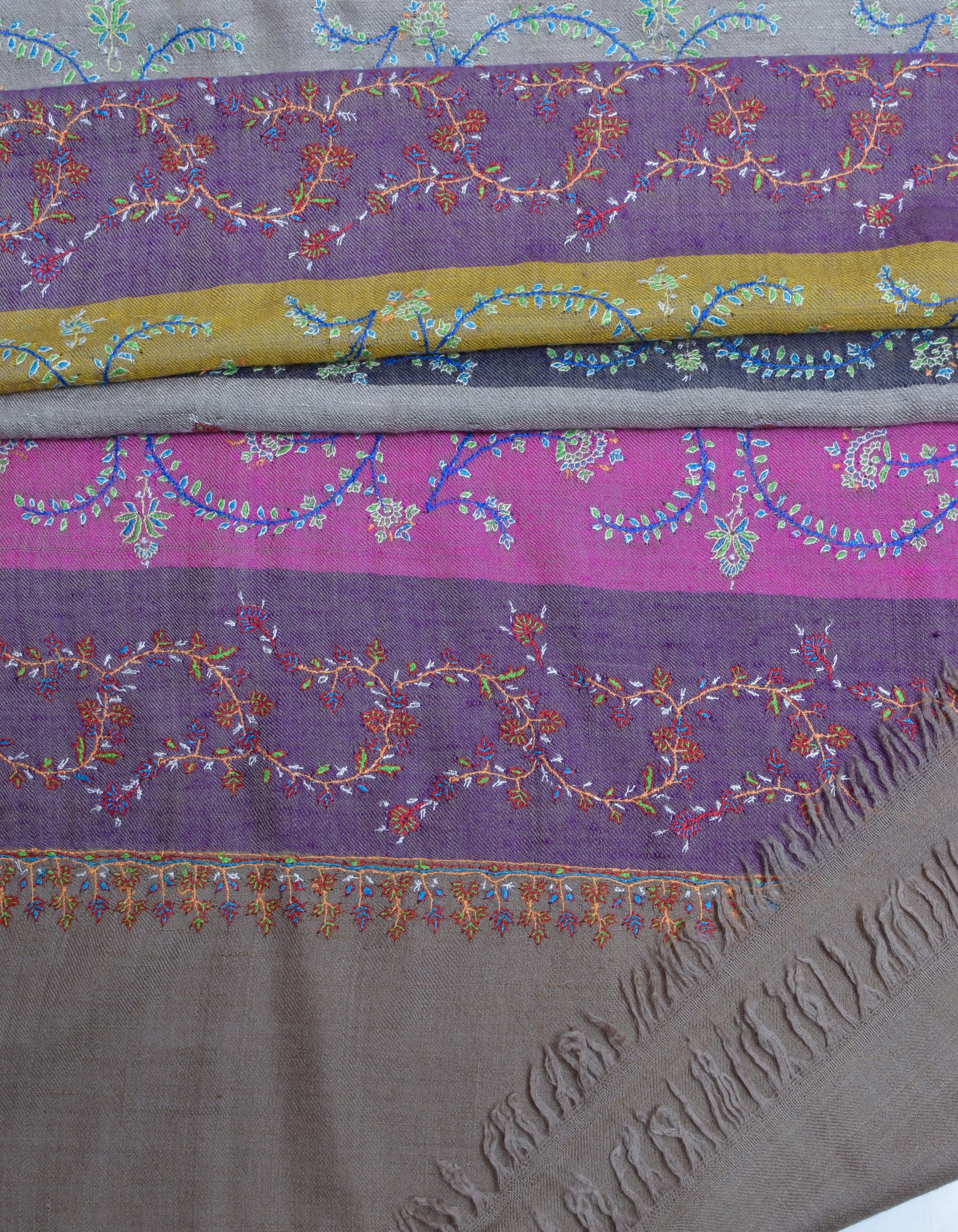 Modern Multi-Pattern Coloured Stripes Handwoven Embroidered Cashmere Pashmina Stole - Kashmir Box