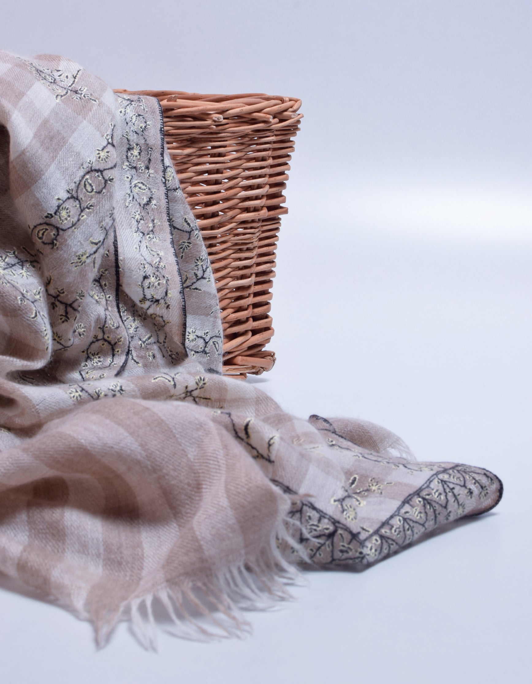 Modern Cream Cavern Brown Check Handwoven Sozni Embroidered Cashmere Pashmina Stole - Kashmir Box