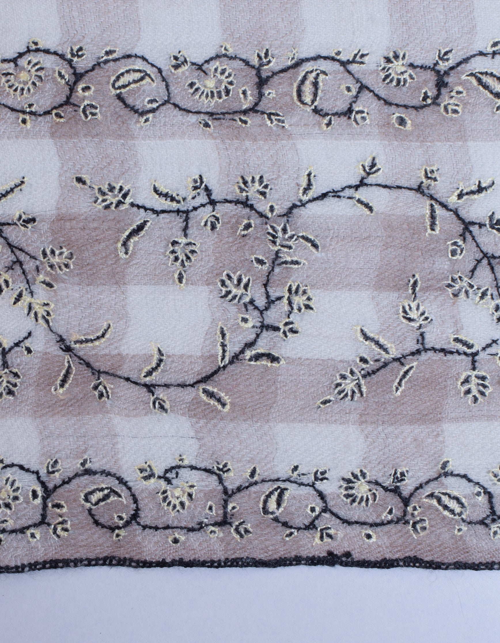 Modern Cream Cavern Brown Check Handwoven Sozni Embroidered Cashmere Pashmina Stole - Kashmir Box