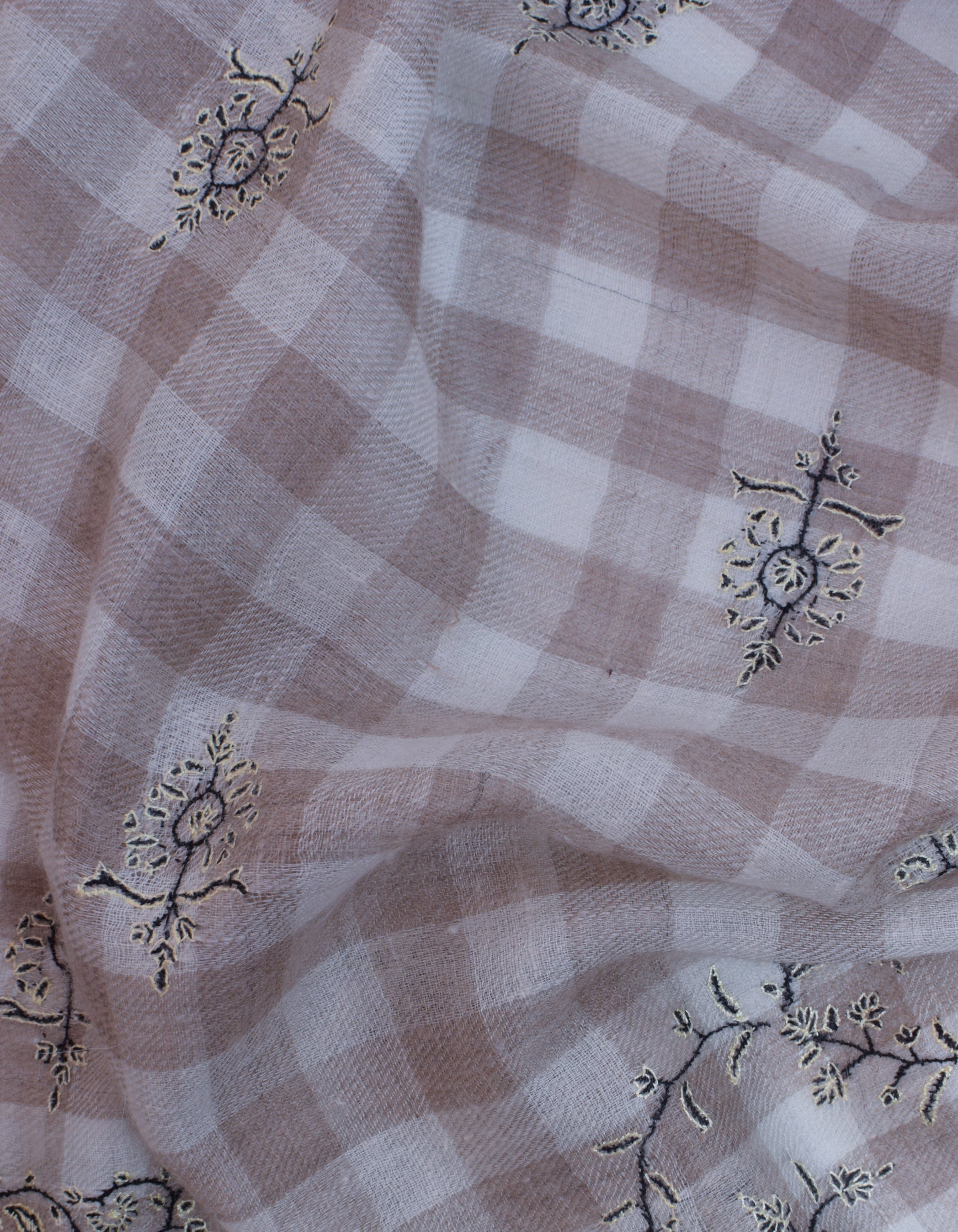 Modern Cream Cavern Brown Check Handwoven Sozni Embroidered Cashmere Pashmina Stole - Kashmir Box