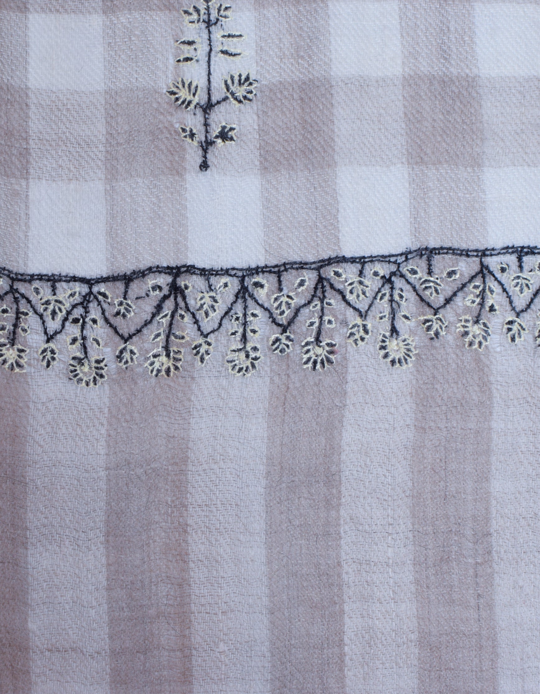 Modern Cream Cavern Brown Check Handwoven Sozni Embroidered Cashmere Pashmina Stole - Kashmir Box