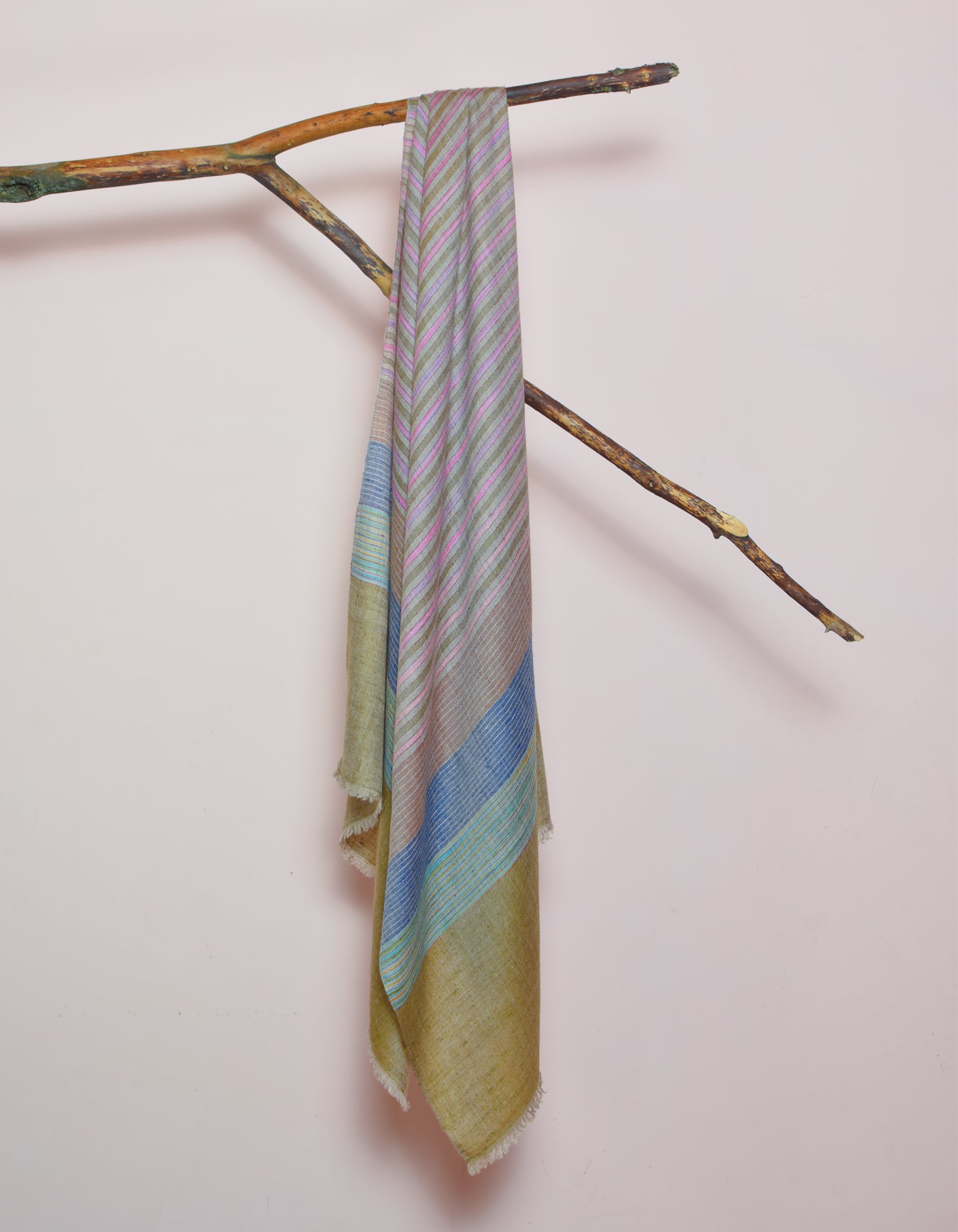 Olive Haze Handwoven Striped Cashmere Pashmina Stole - Kashmir Box