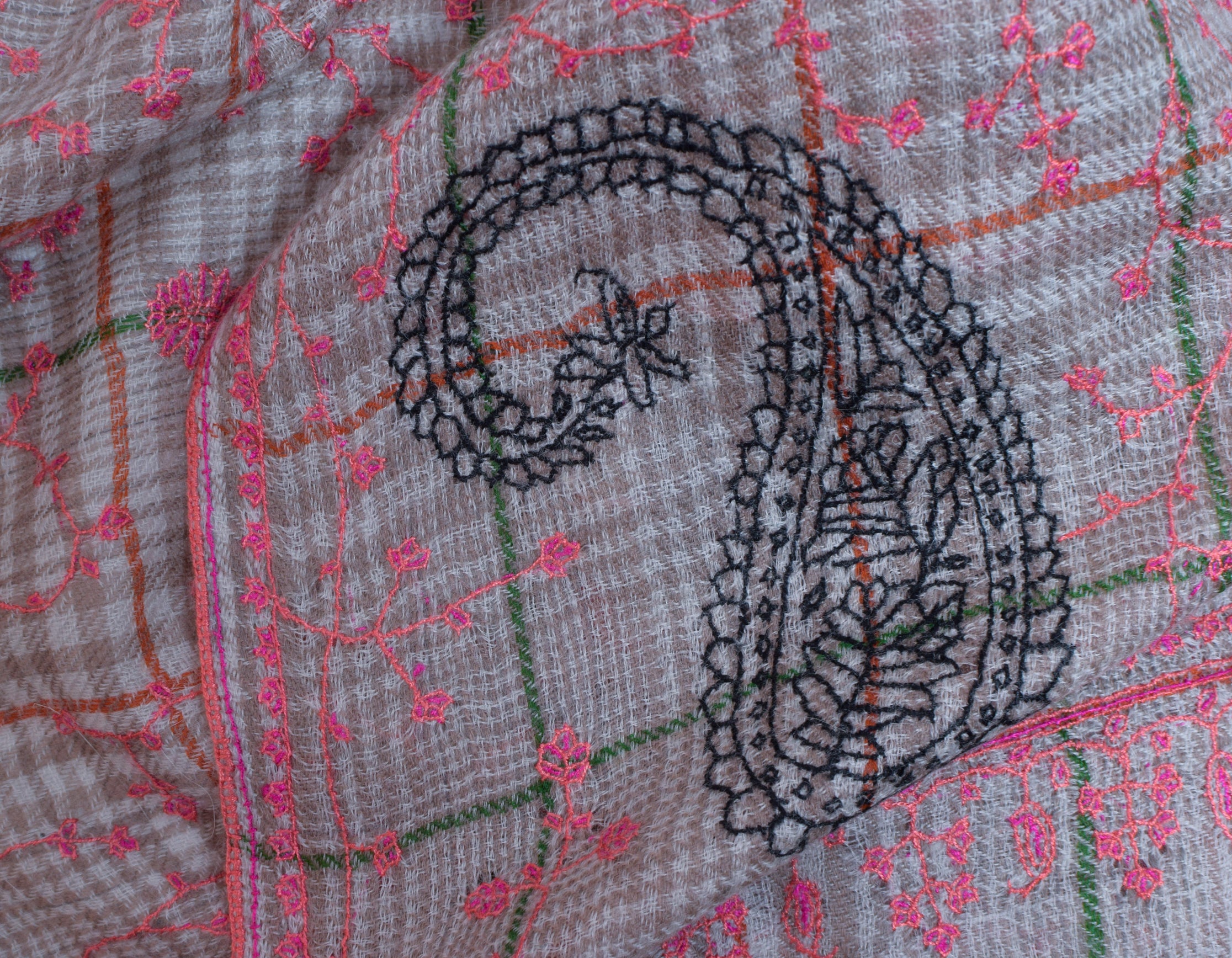 Cream Brown Check stripes Handwoven Sozni Embroidered Cashmere Pashmina Stole - Kashmir Box