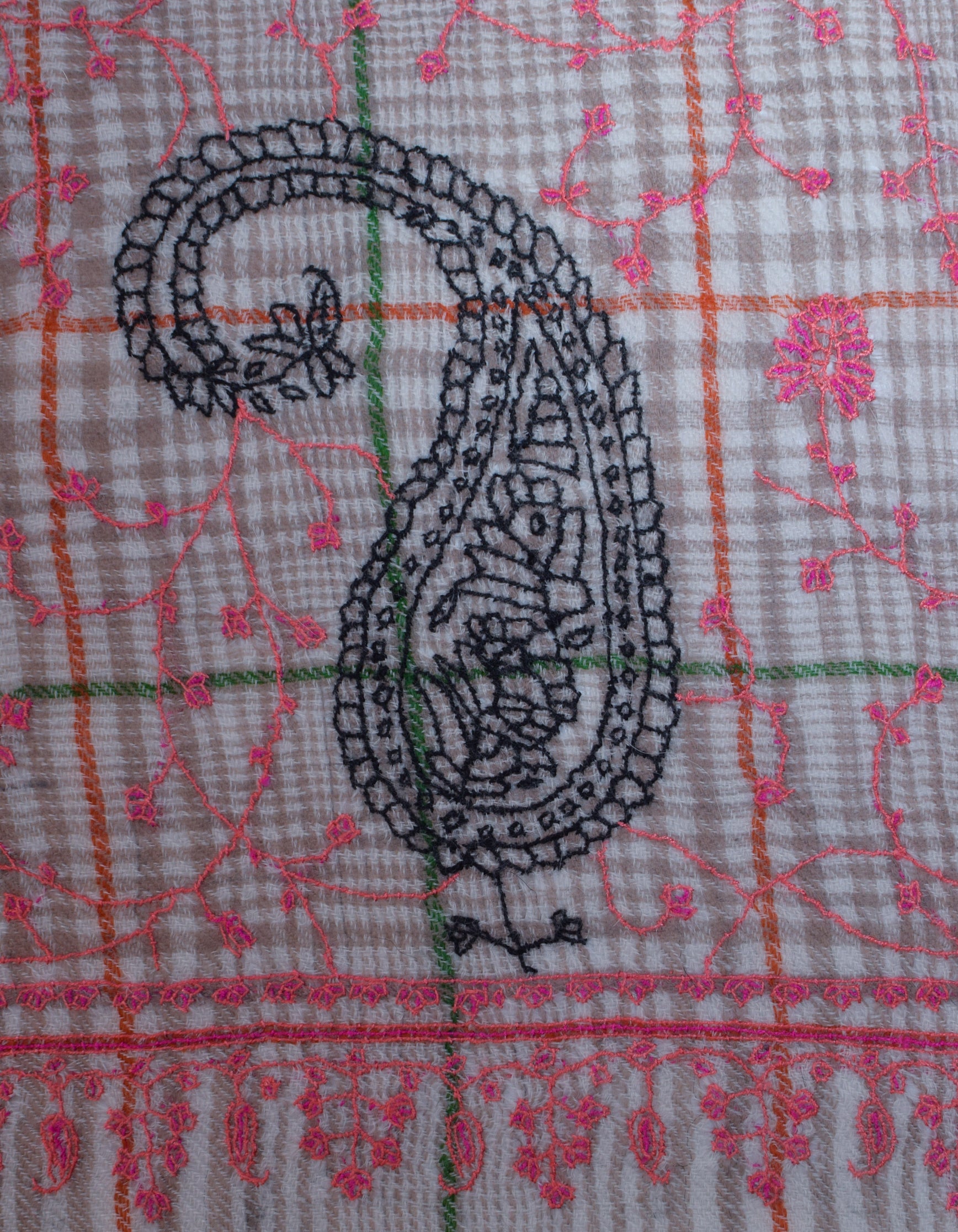 Cream Brown Check stripes Handwoven Sozni Embroidered Cashmere Pashmina Stole - Kashmir Box