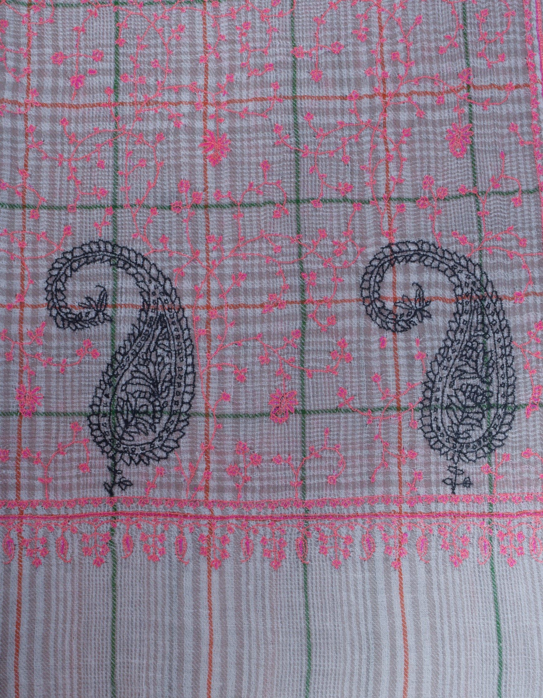 Cream Brown Check stripes Handwoven Sozni Embroidered Cashmere Pashmina Stole - Kashmir Box