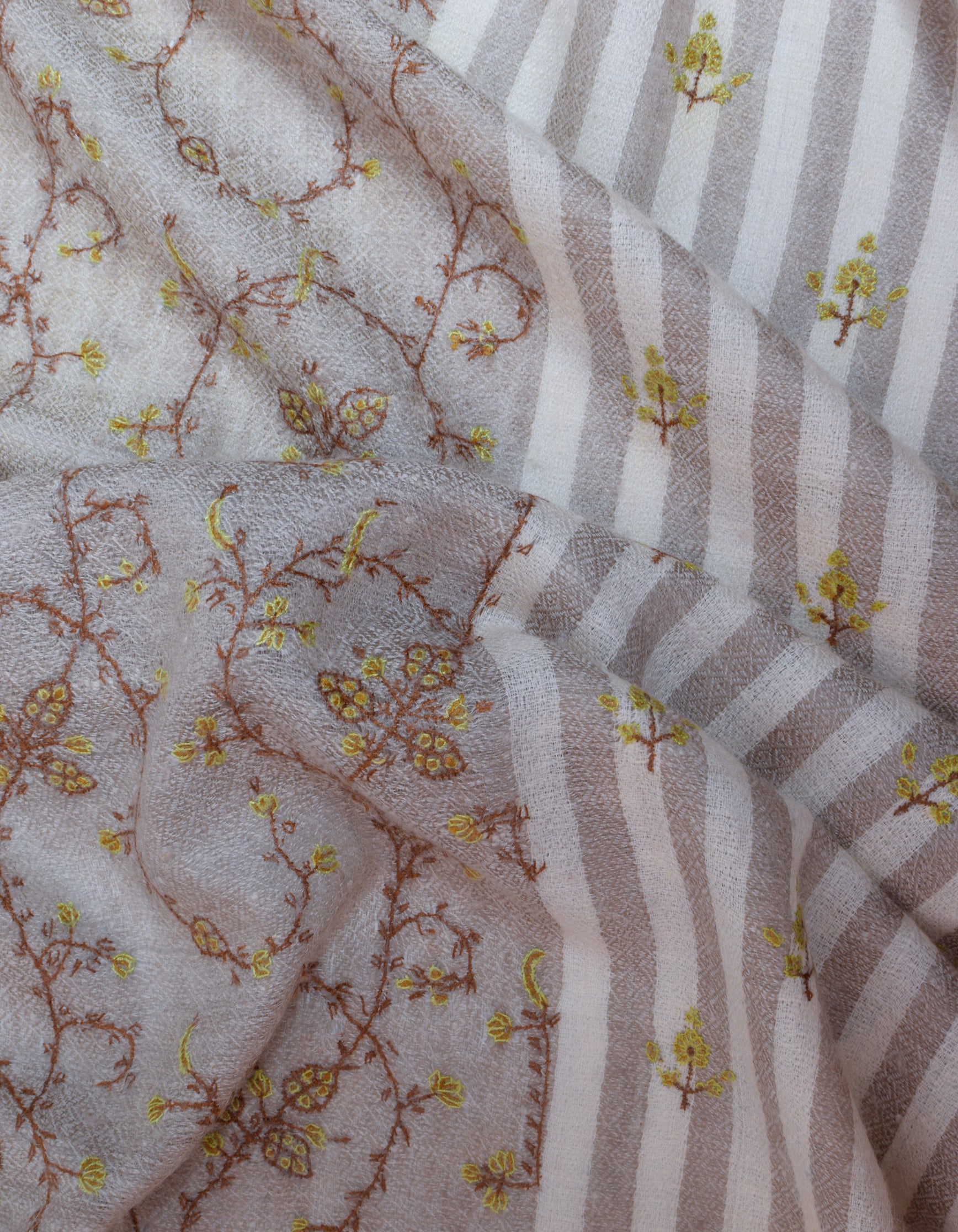 Light Olive Grey Stripes n Solid Handwoven Sozni Embroidered Cashmere Pashmina Stole - Kashmir Box