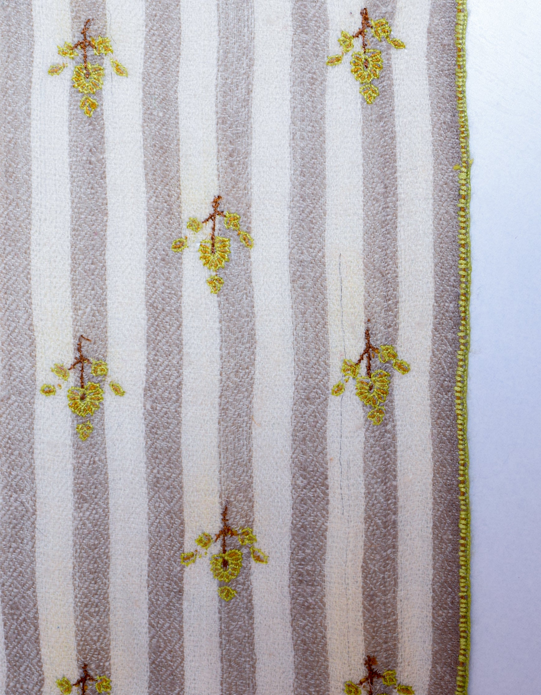 Light Olive Grey Stripes n Solid Handwoven Sozni Embroidered Cashmere Pashmina Stole - Kashmir Box