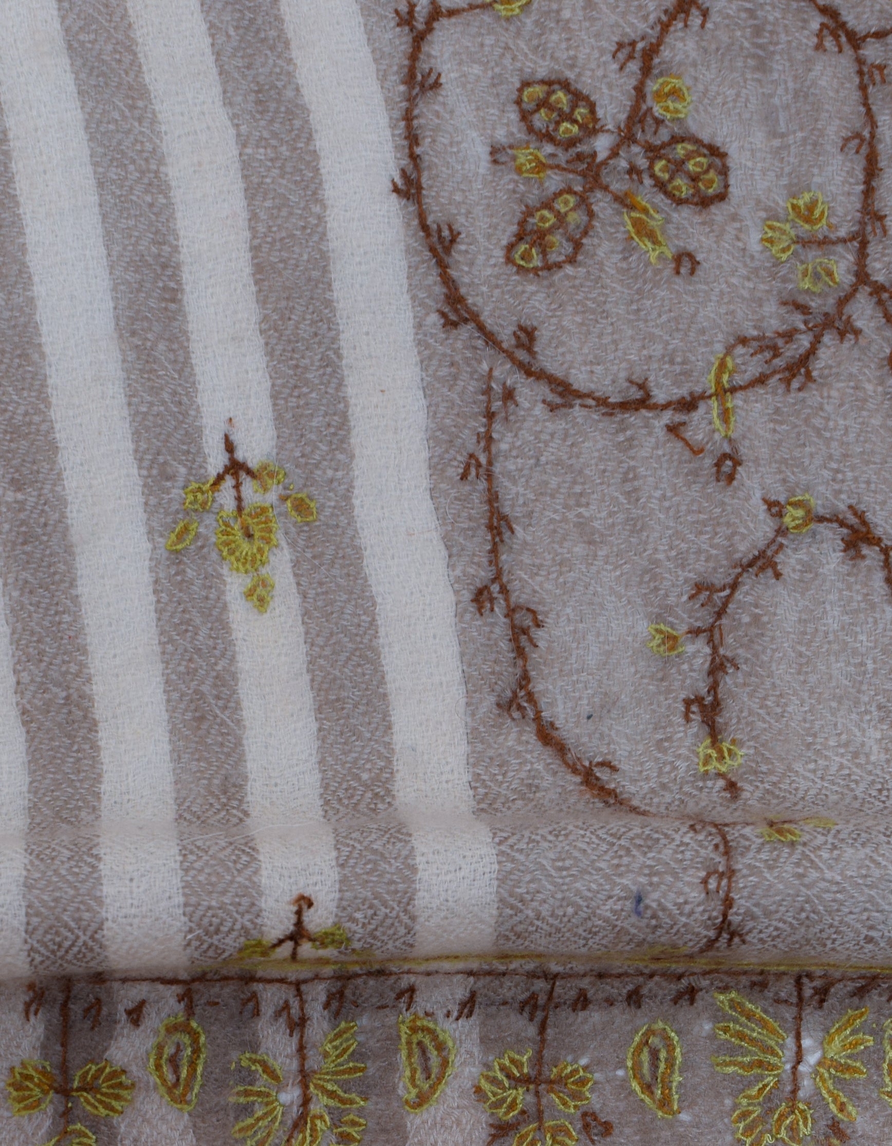 Light Olive Grey Stripes n Solid Handwoven Sozni Embroidered Cashmere Pashmina Stole - Kashmir Box