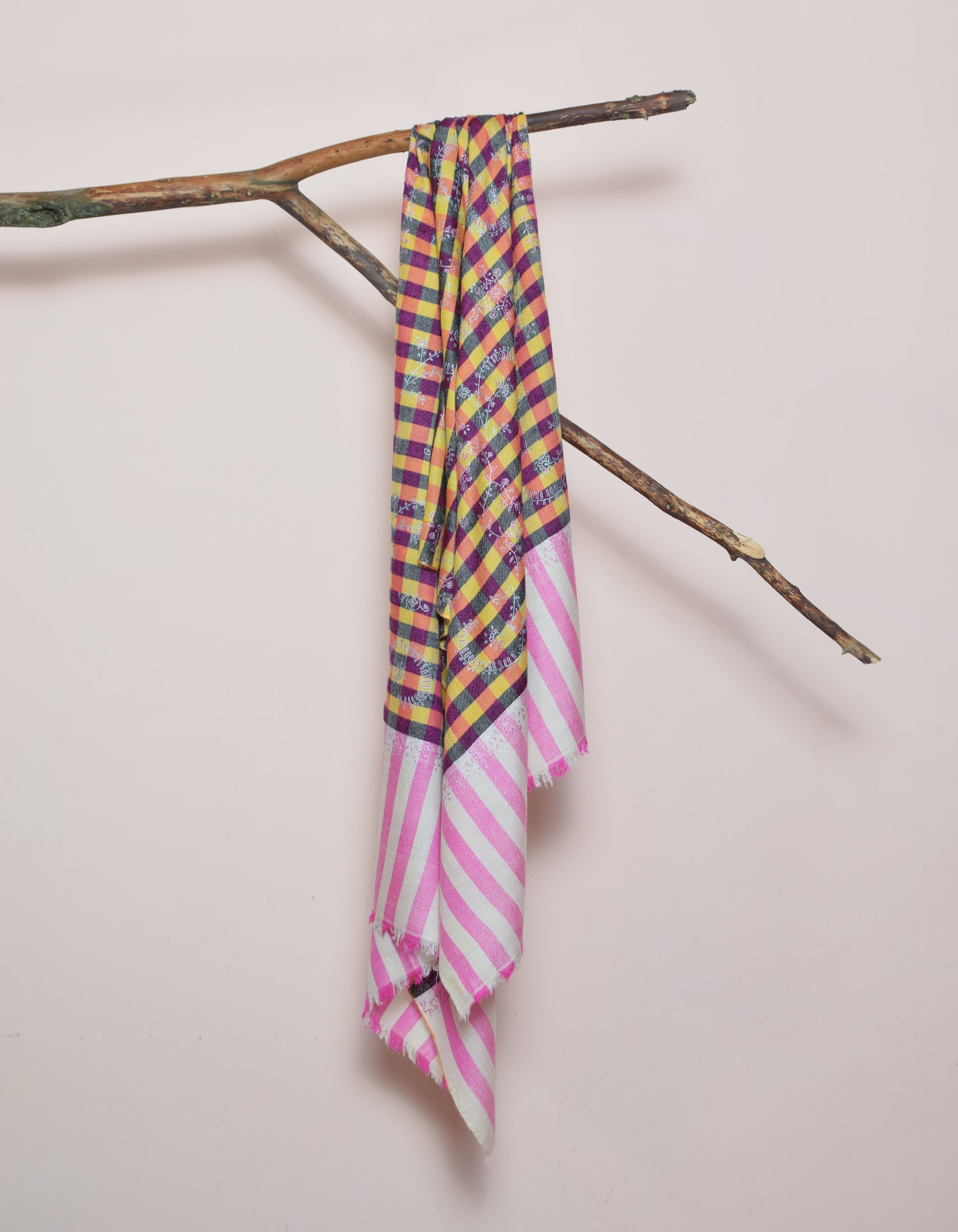 Modern Royal Check Multi-Pattern Handwoven Embroidered Cashmere Pashmina Stole - Kashmir Box