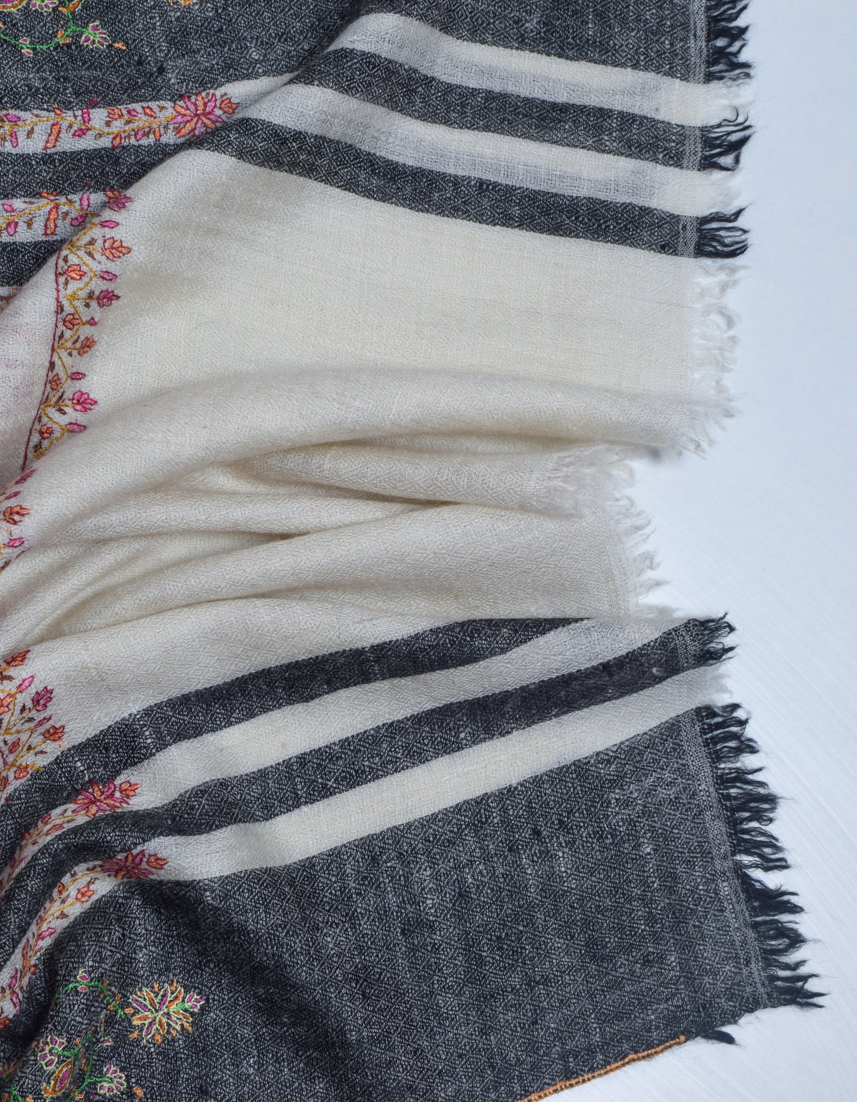 Modern Multi-Pattern Black Stripes Handwoven Embroidered Cashmere Pashmina Stole - Kashmir Box