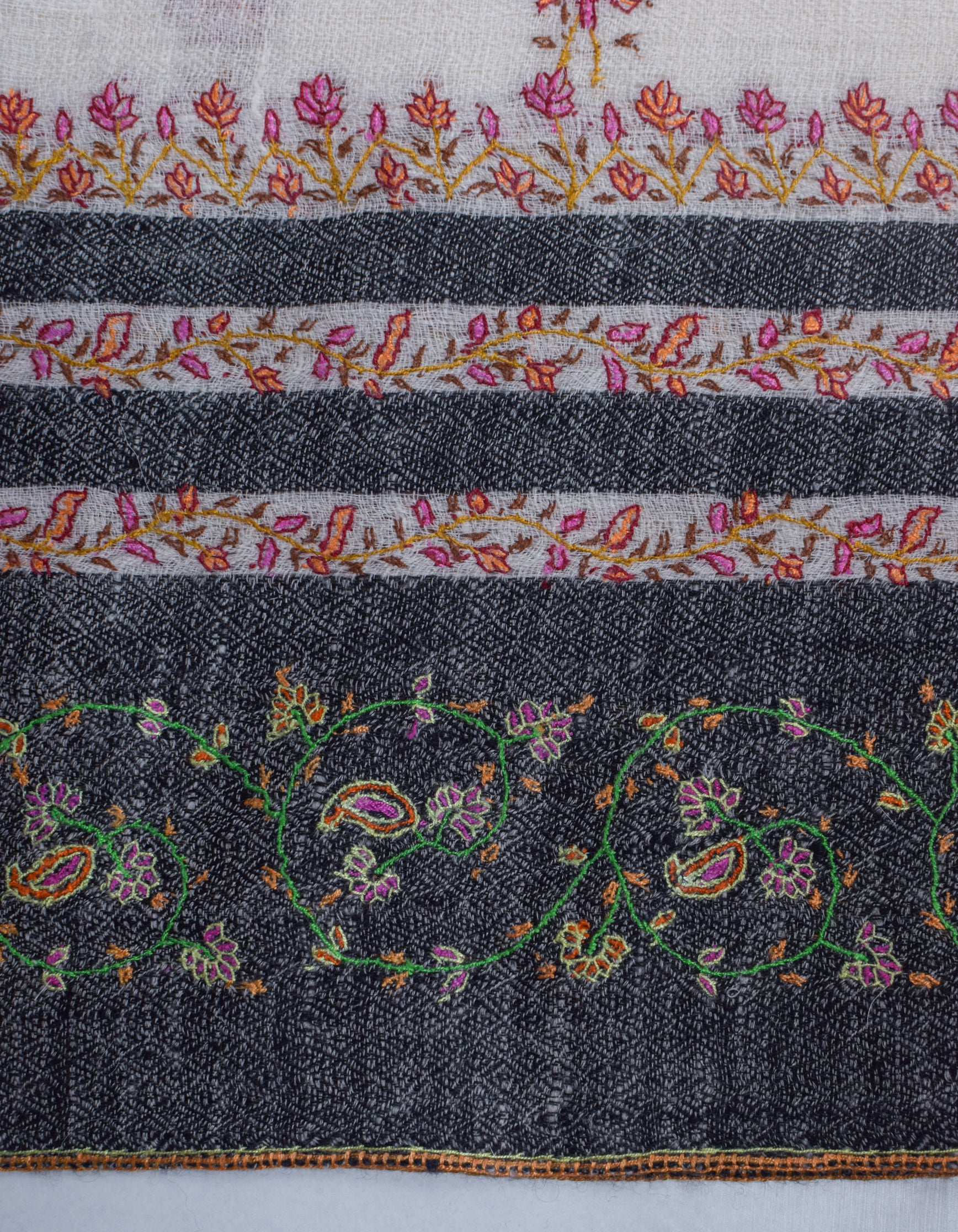 Modern Multi-Pattern Black Stripes Handwoven Embroidered Cashmere Pashmina Stole - Kashmir Box