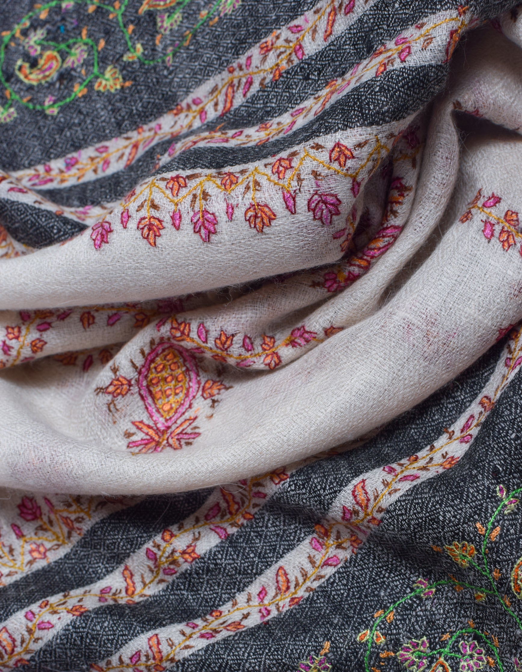 Modern Multi-Pattern Black Stripes Handwoven Embroidered Cashmere Pashmina Stole - Kashmir Box