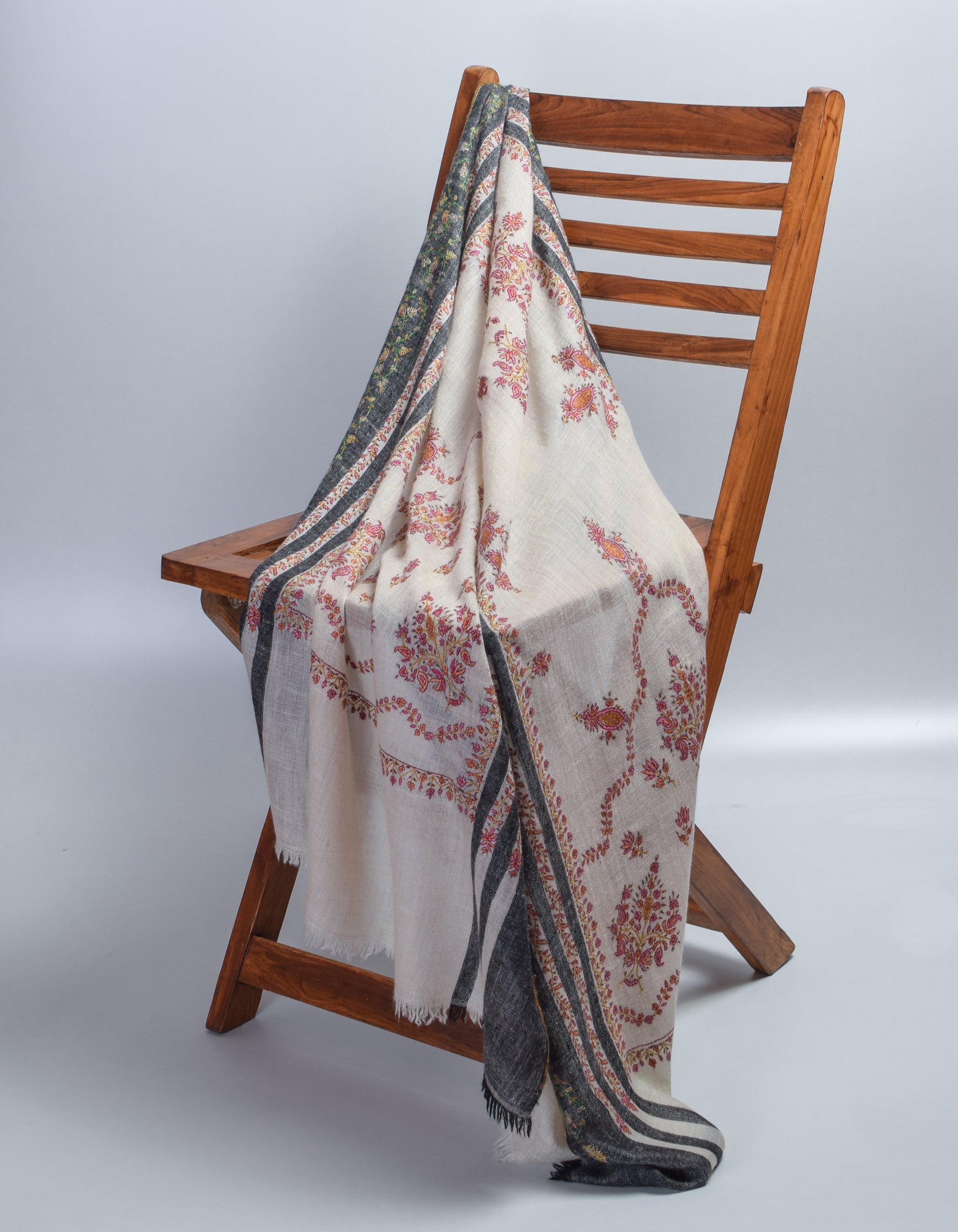 Modern Multi-Pattern Black Stripes Handwoven Embroidered Cashmere Pashmina Stole - Kashmir Box