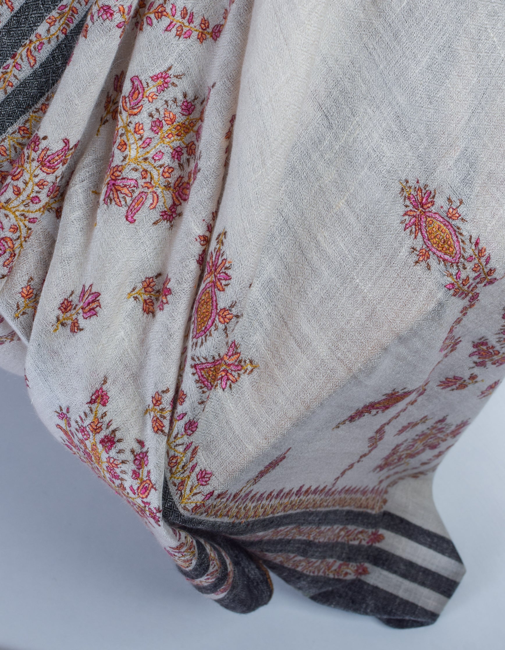 Modern Multi-Pattern Black Stripes Handwoven Embroidered Cashmere Pashmina Stole - Kashmir Box