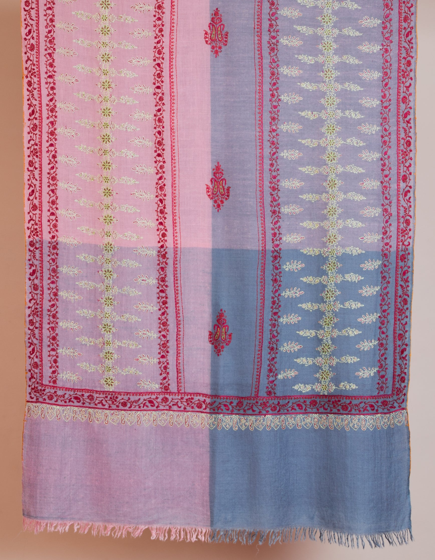 Modern Sozni Embroidered Handwoven Pink-Grey Pashmina Stole - Kashmir Box