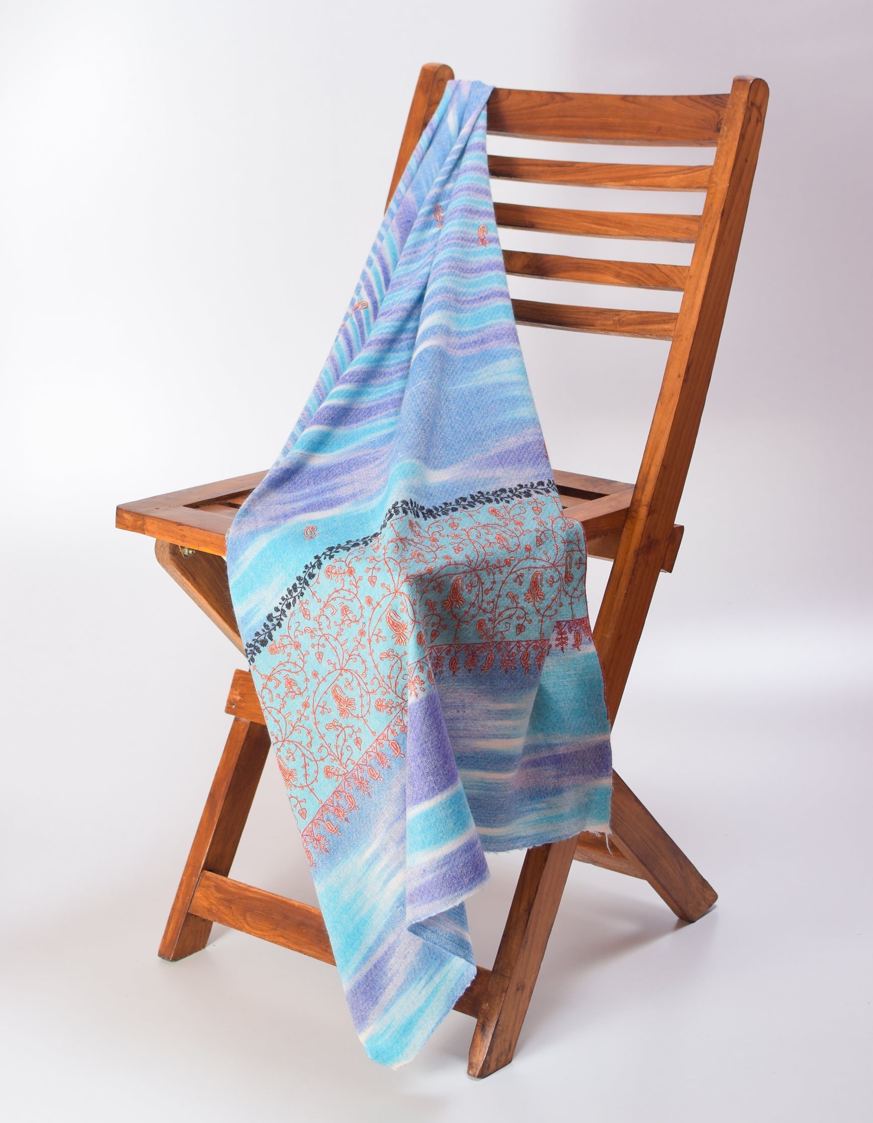 Multi-Blue Ikat Handwoven Sozni Embroidered Cashmere Pashmina Stole - Kashmir Box