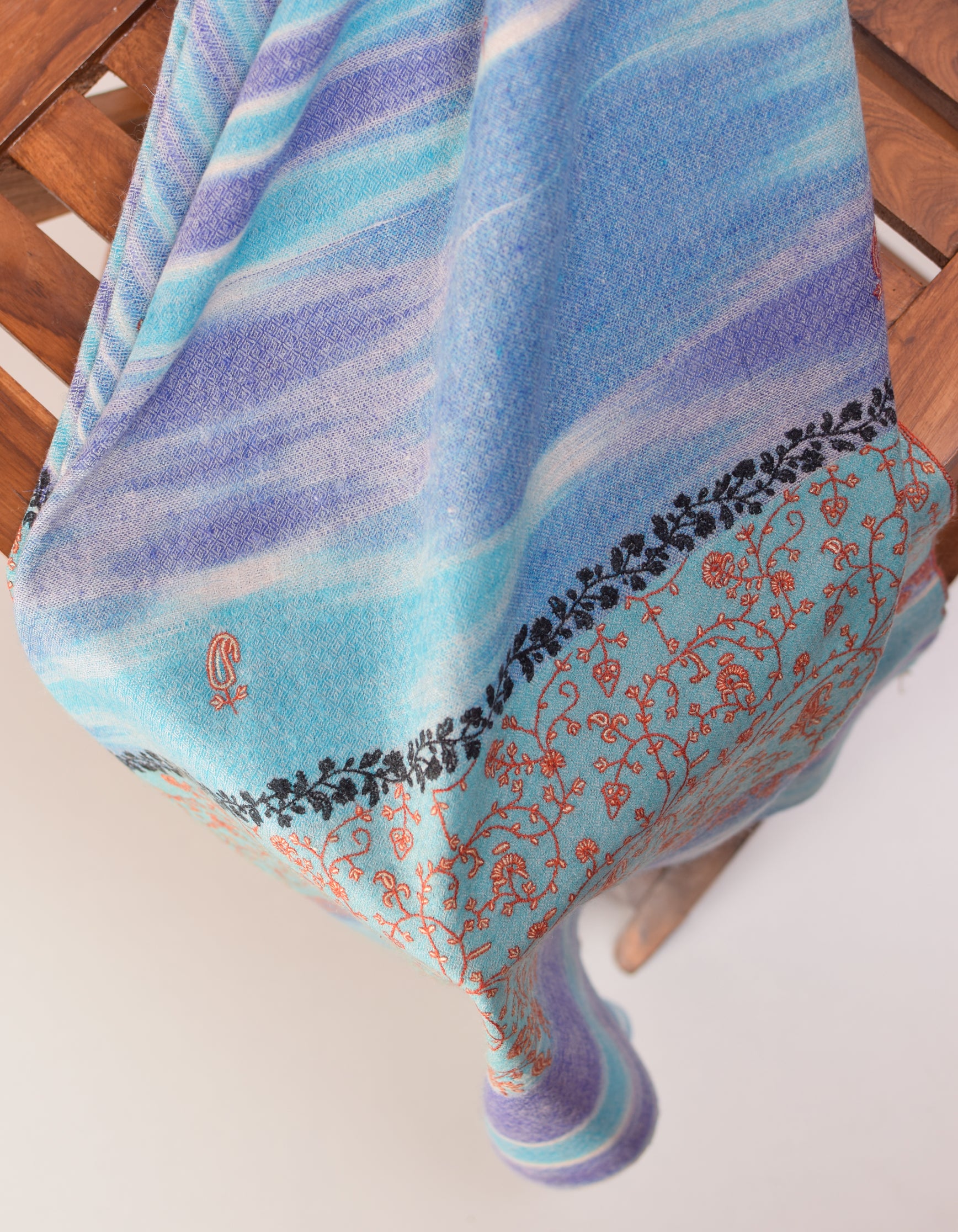 Multi-Blue Ikat Handwoven Sozni Embroidered Cashmere Pashmina Stole - Kashmir Box