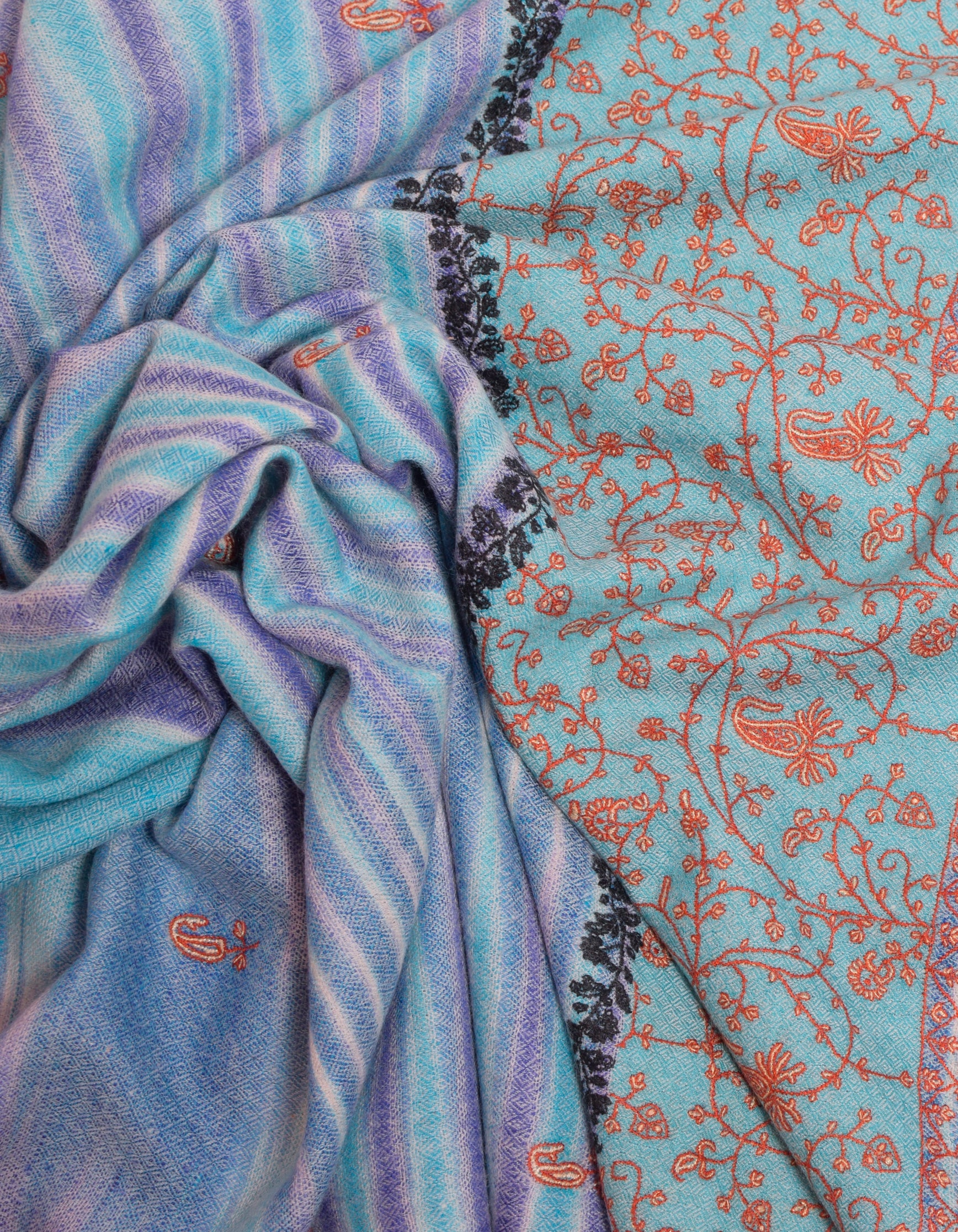 Multi-Blue Ikat Handwoven Sozni Embroidered Cashmere Pashmina Stole - Kashmir Box