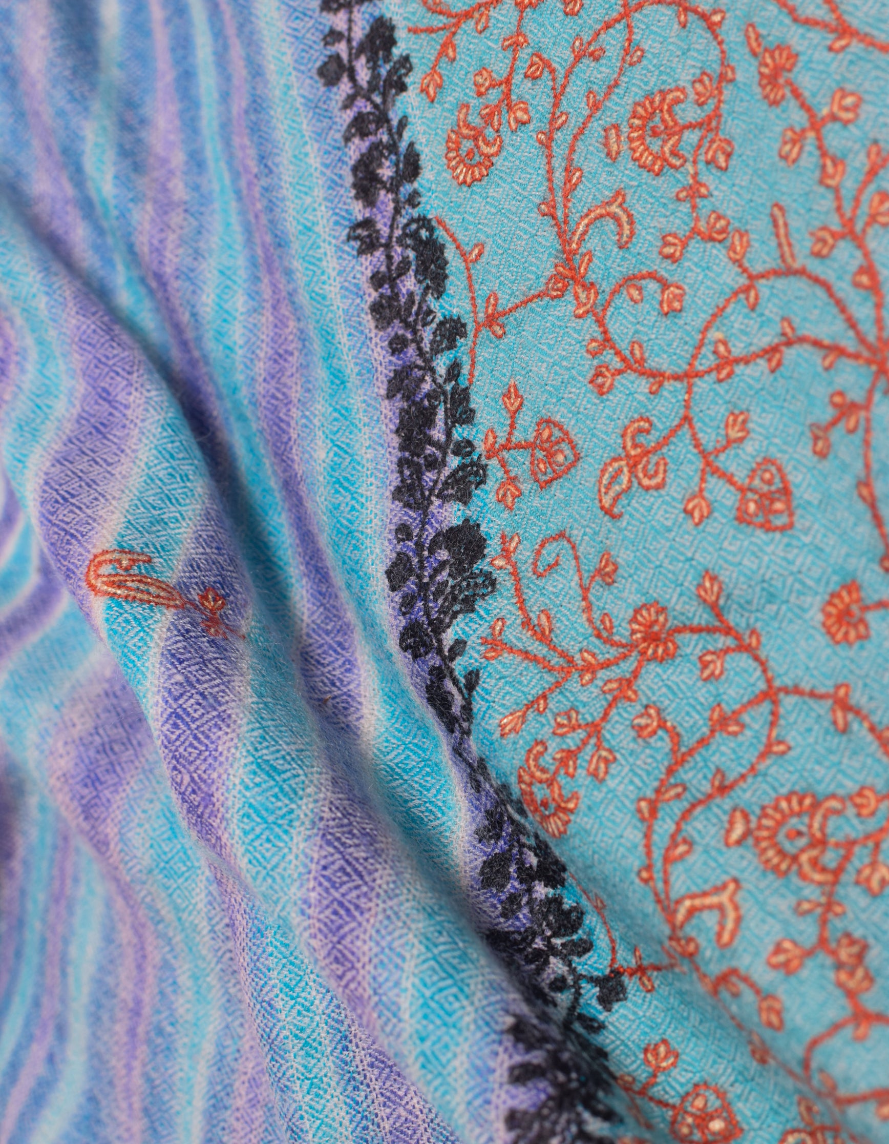 Multi-Blue Ikat Handwoven Sozni Embroidered Cashmere Pashmina Stole - Kashmir Box