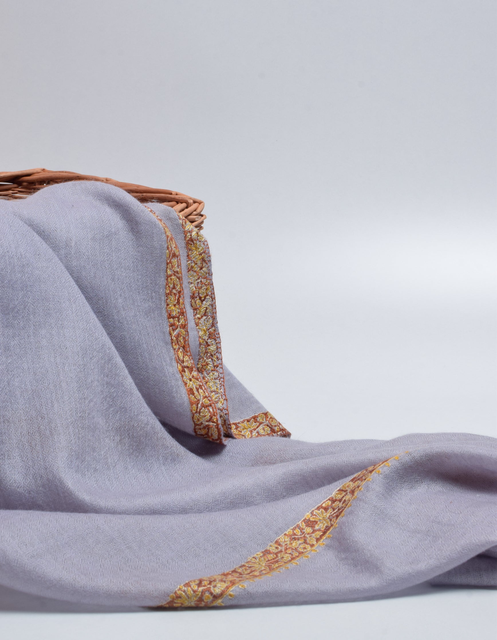 Cool Grey Handwoven Sozni Border Embroidered Cashmere Pashmina Shawl - Kashmir Box