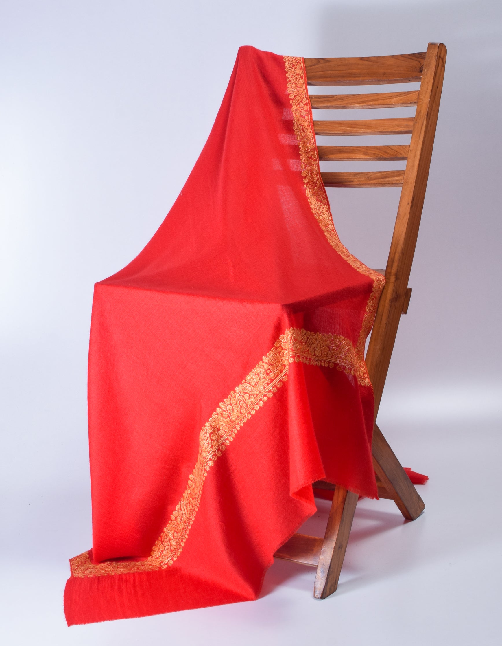 Scarlet Red Handwoven Border Embroidered Cashmere Pashmina Shawl - Kashmir Box