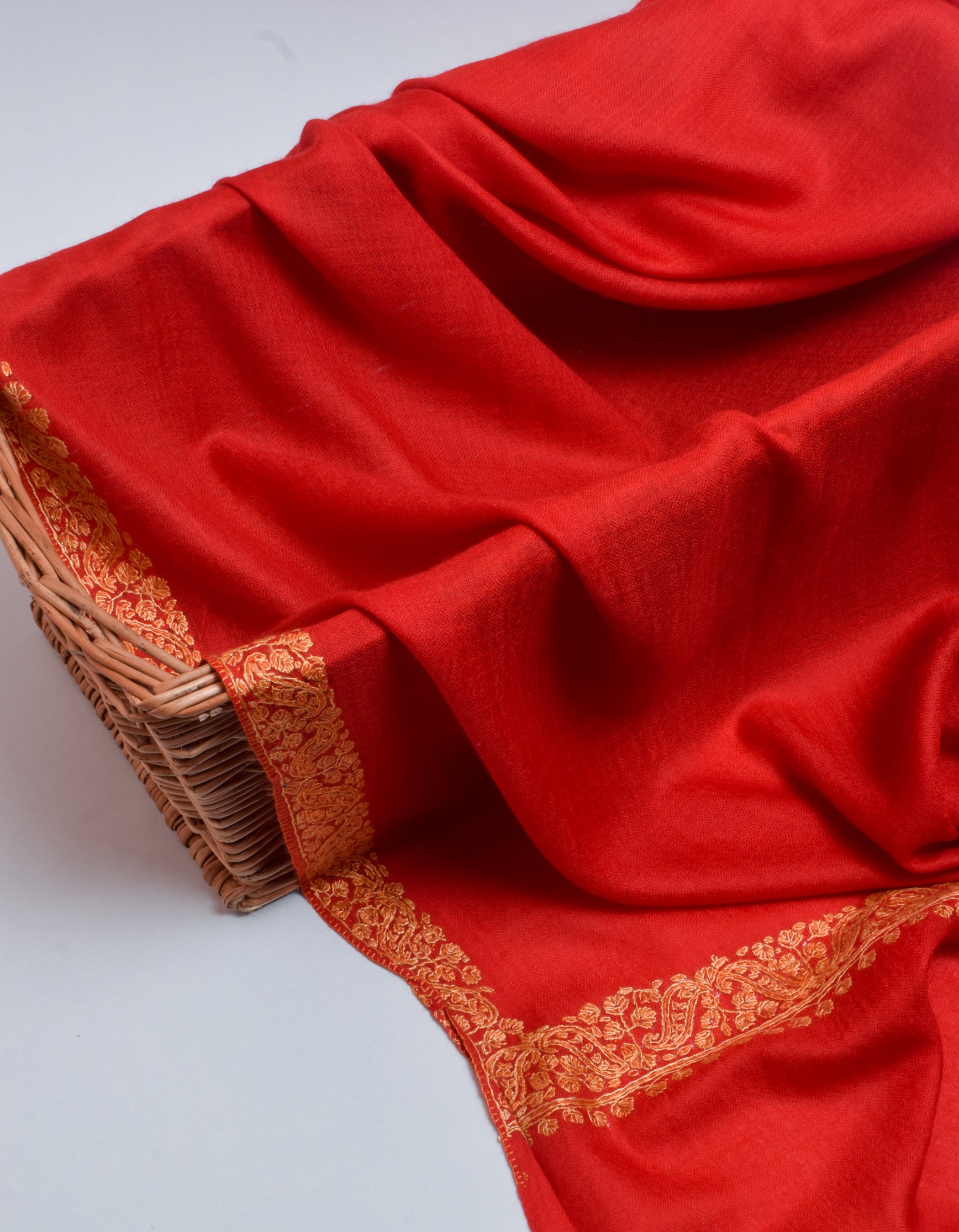 Scarlet Red Handwoven Border Embroidered Cashmere Pashmina Shawl - Kashmir Box