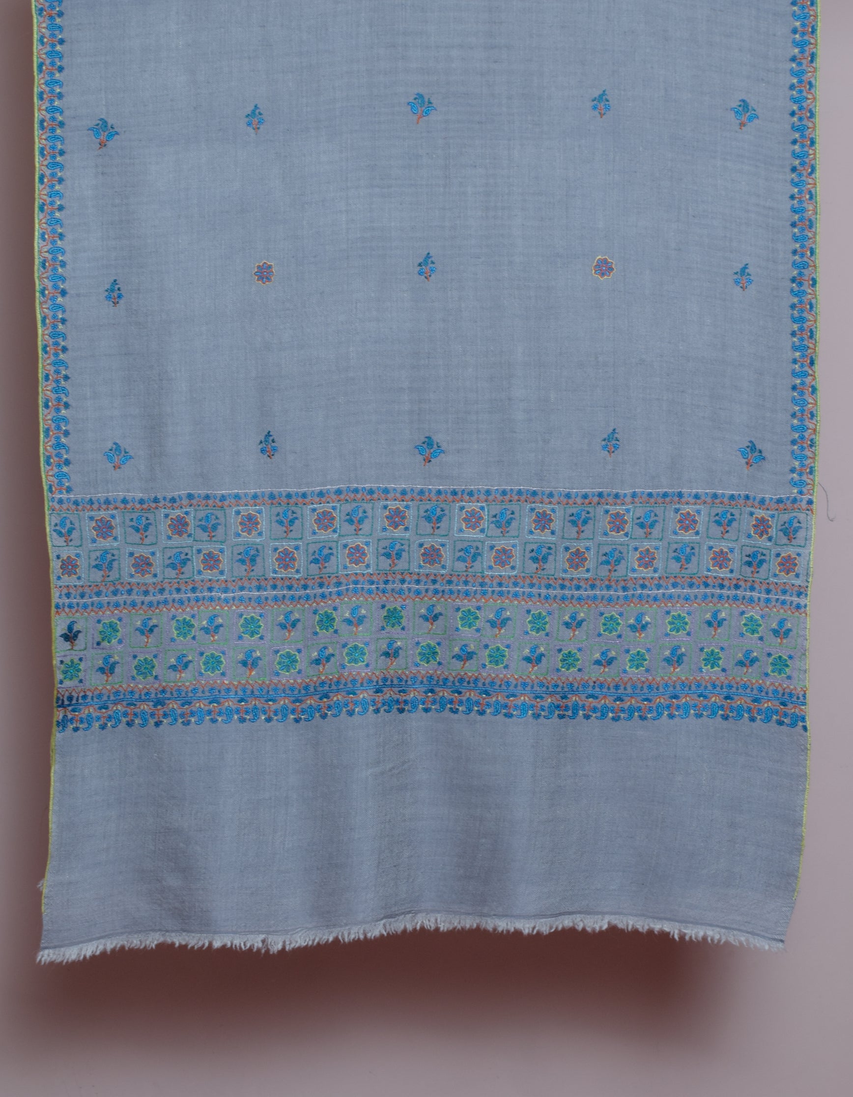 Ash Grey Handwoven Sozni Border Embroidered Cashmere Pashmina Stole - Kashmir Box