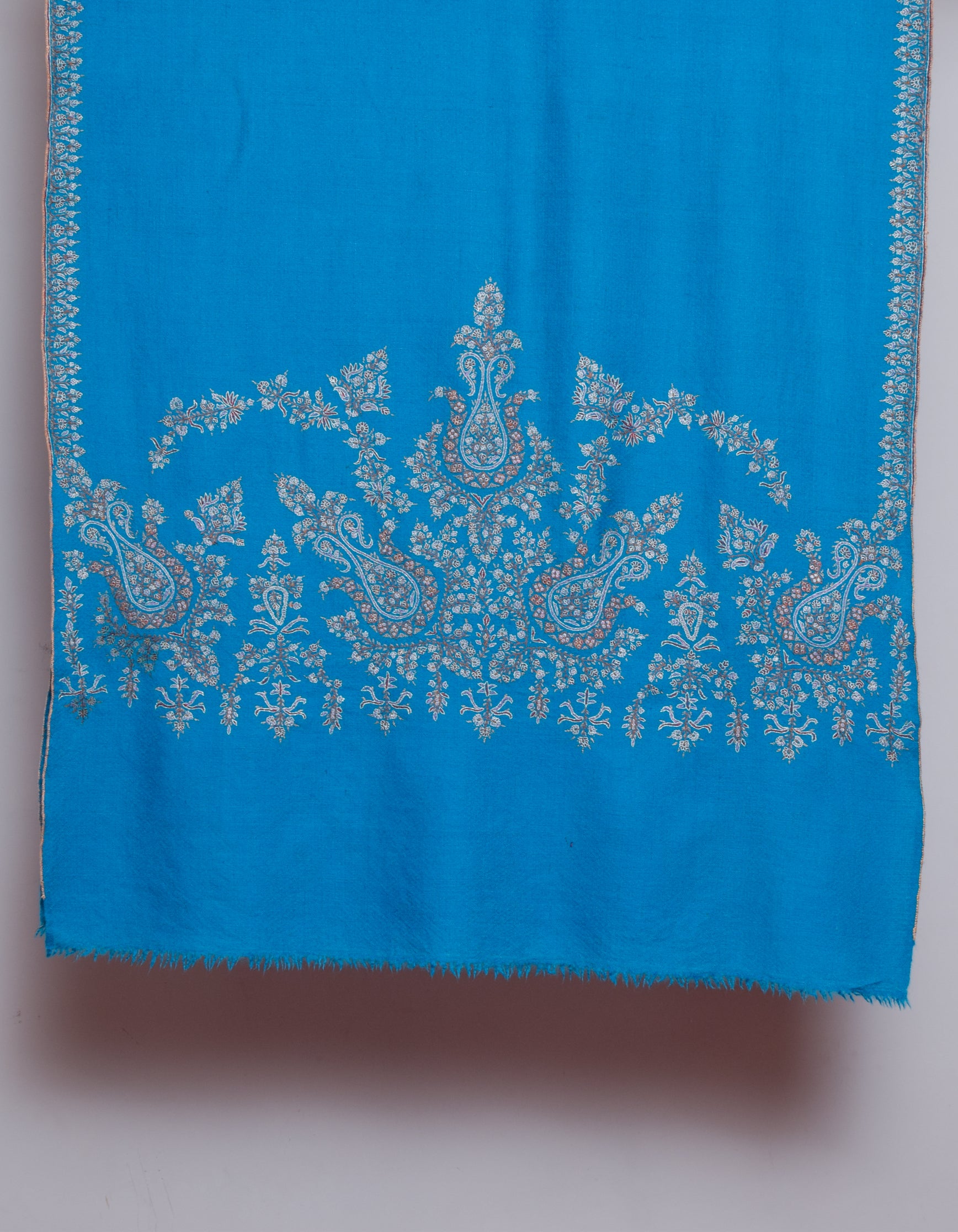 Deep Sky Handwoven Sozni Palla Embroidered Cashmere Pashmina Stole - Kashmir Box