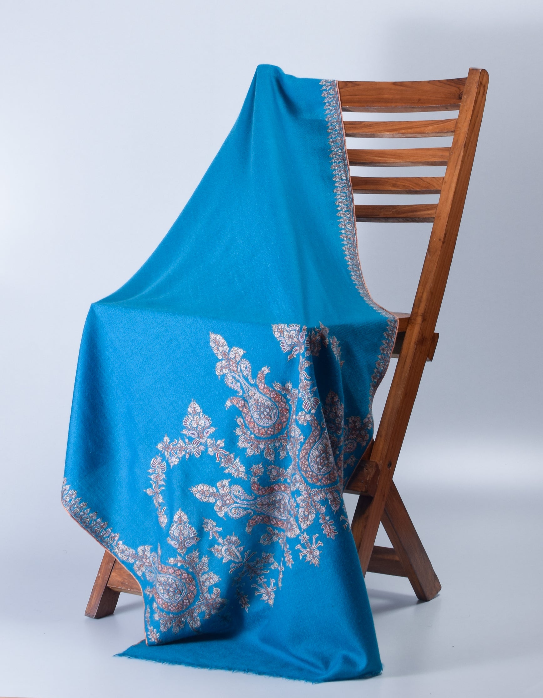 Deep Sky Handwoven Sozni Palla Embroidered Cashmere Pashmina Stole - Kashmir Box