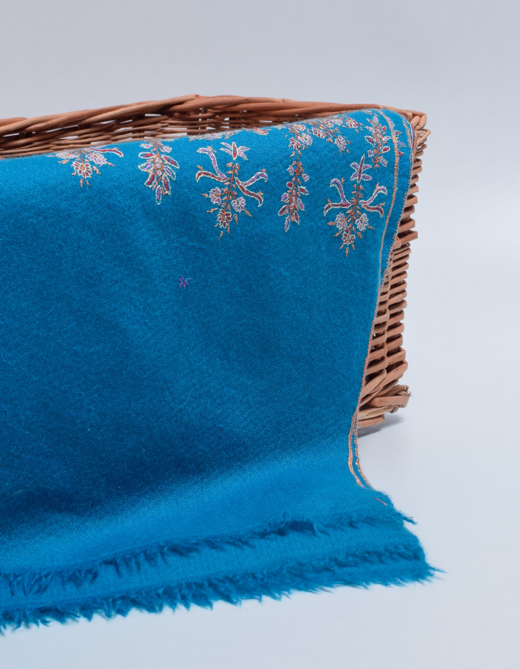 Deep Sky Handwoven Sozni Palla Embroidered Cashmere Pashmina Stole - Kashmir Box