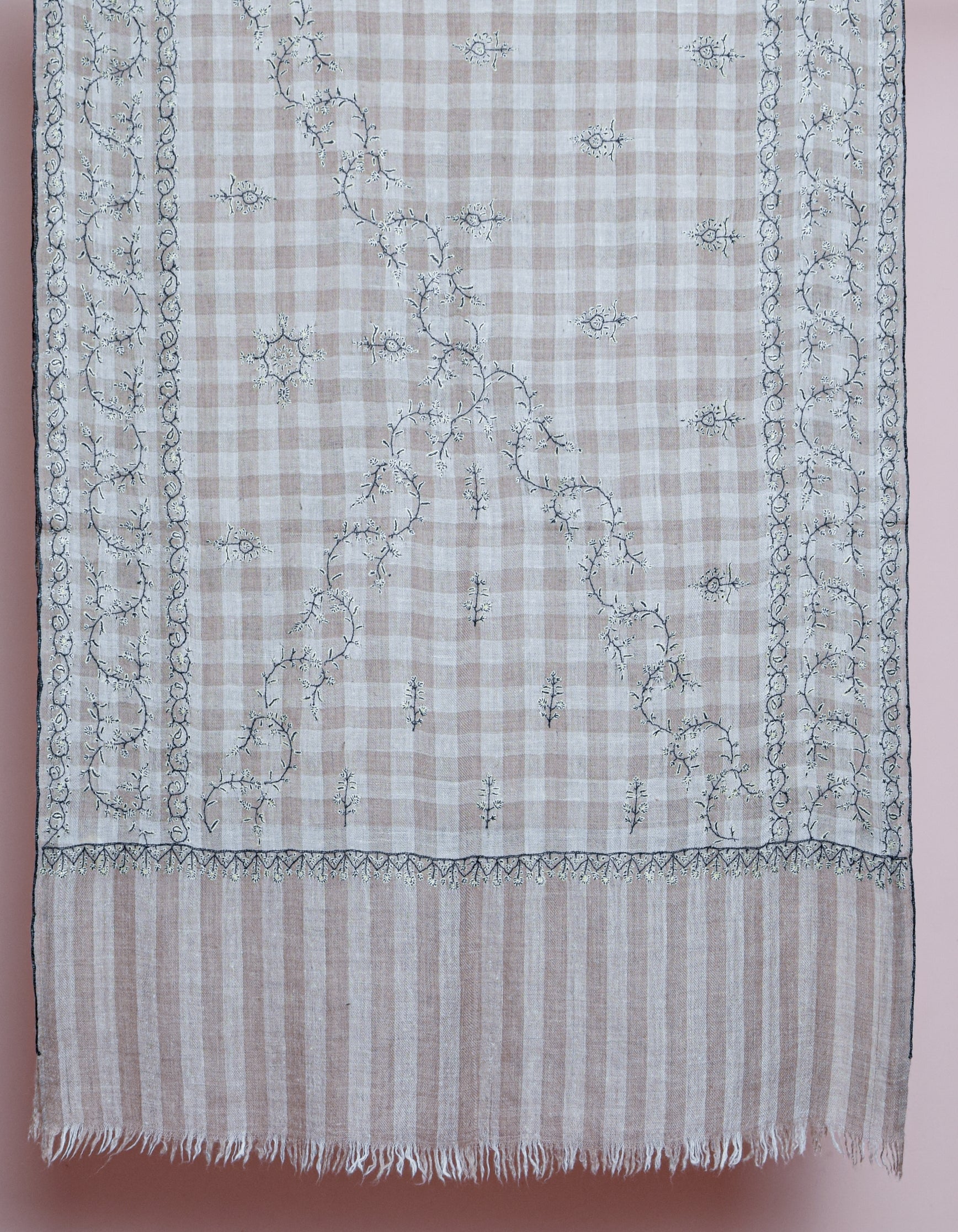 Modern Cream Cavern Brown Check Handwoven Sozni Embroidered Cashmere Pashmina Stole - Kashmir Box