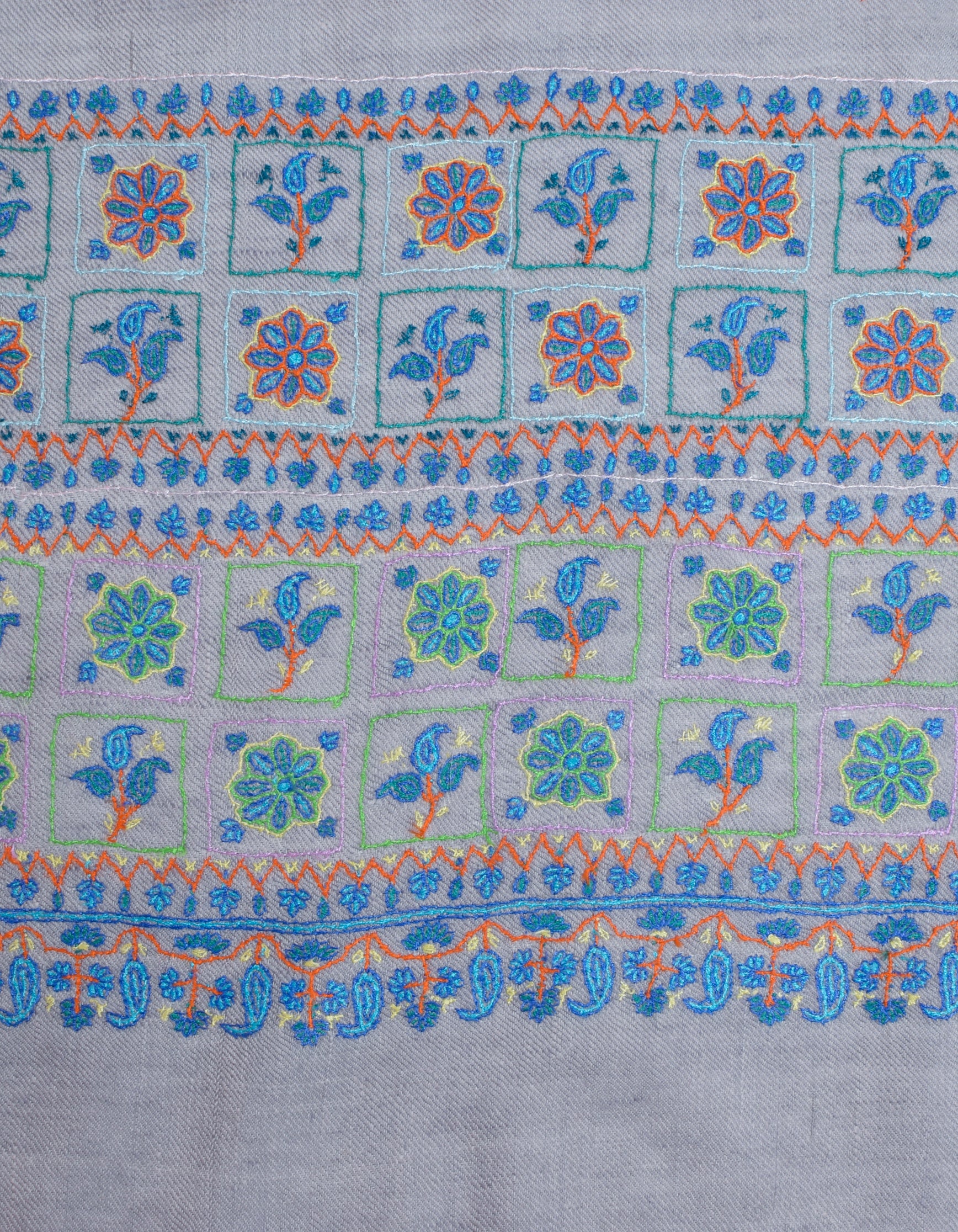 Ash Grey Handwoven Sozni Border Embroidered Cashmere Pashmina Stole - Kashmir Box