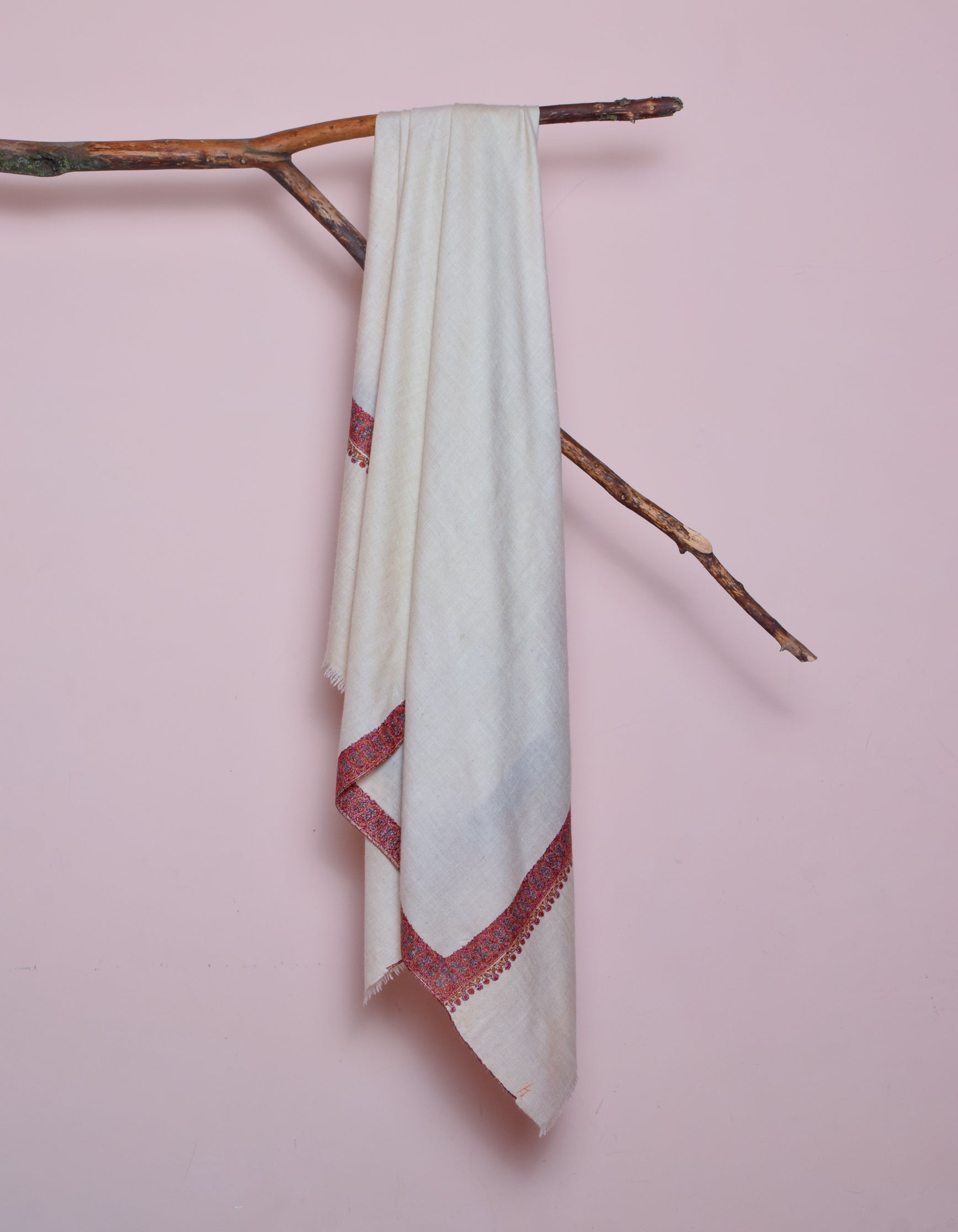 Natural Light Beige Handwoven Sozni Border Embroidered Cashmere Pashmina Shawl - Kashmir Box