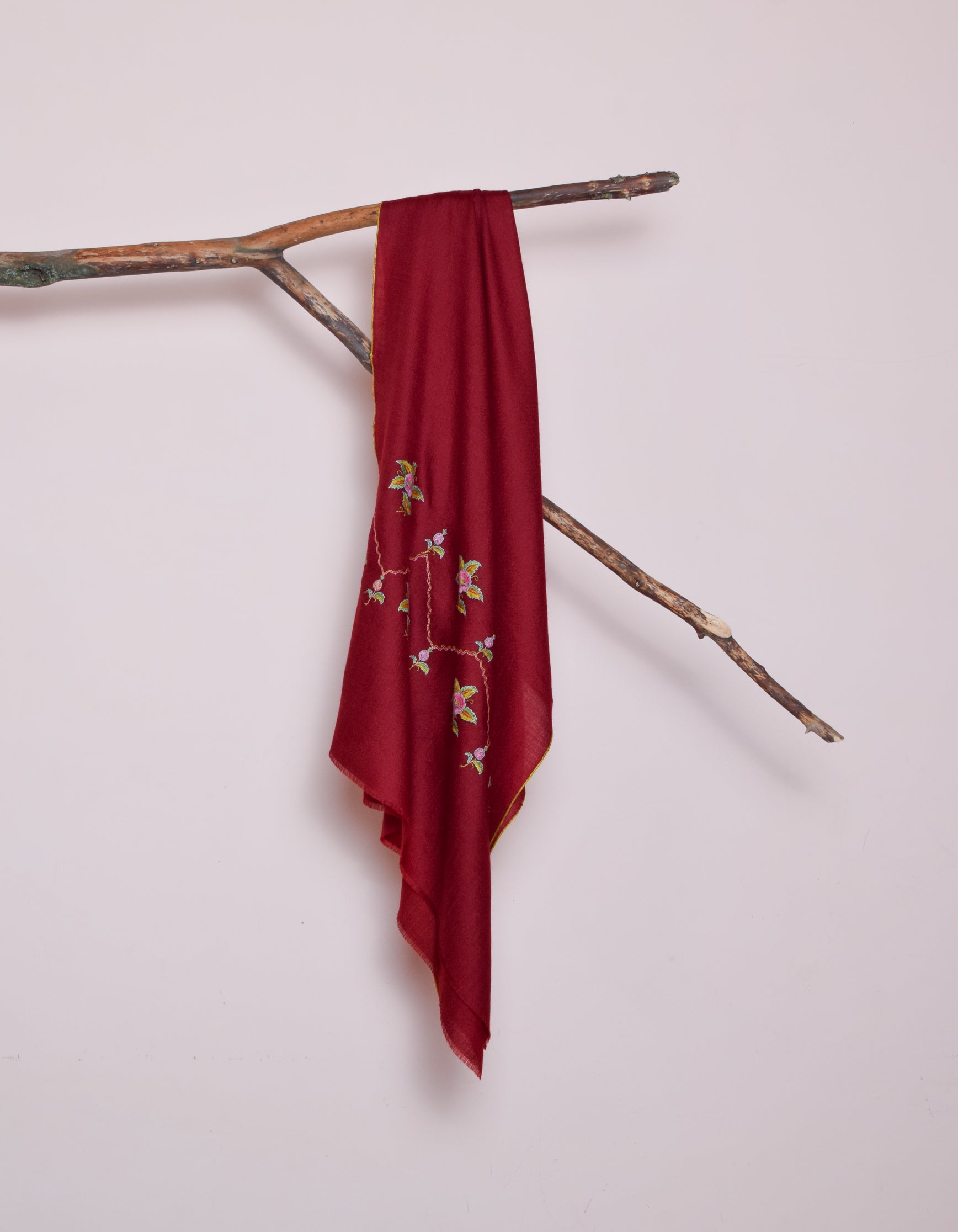 Deep Maroon Handwoven Border Palla Embroidered Cashmere Pashmina Stole - Kashmir Box
