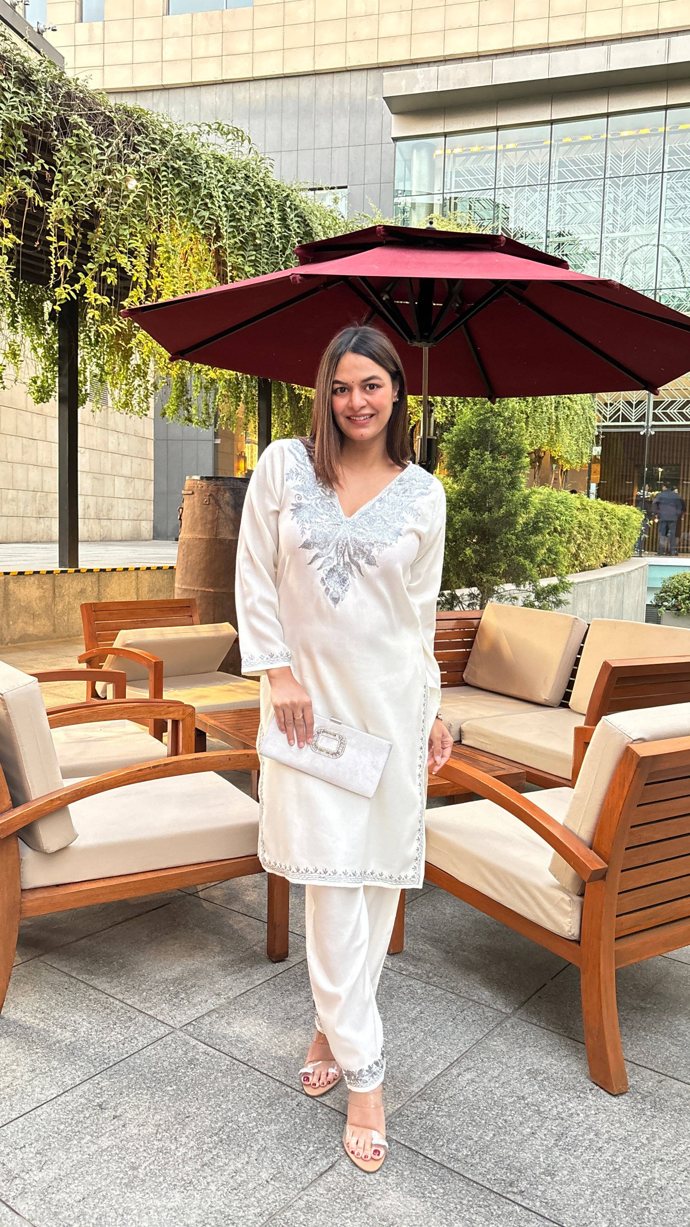 meHER Cream White Kashmiri Silver Zari Woollen Co-ord Set - Kashmir Box