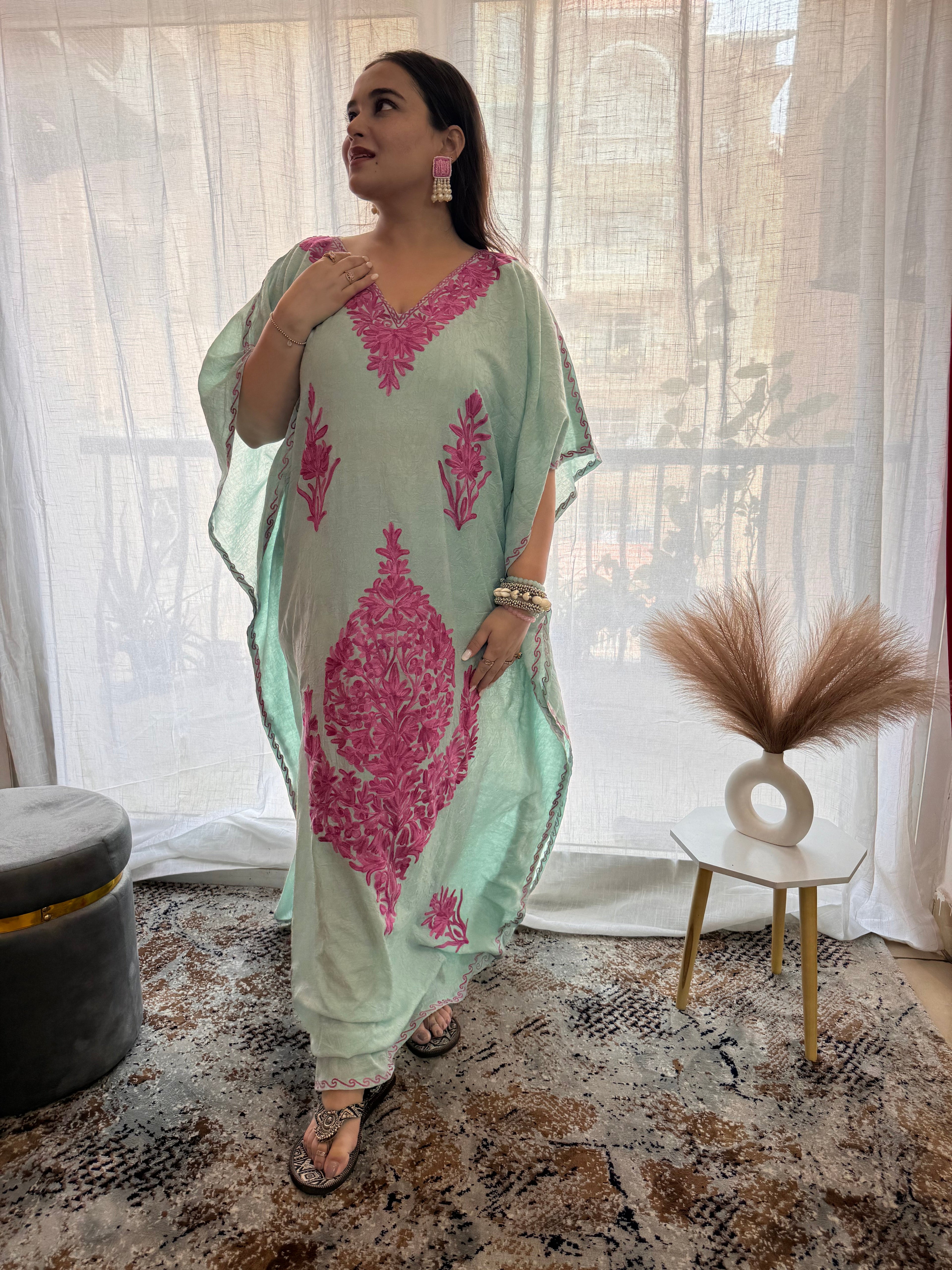 Mint Summer Cotton Kaftan with Candy Pink Aari Embroidery - Kashmir Box