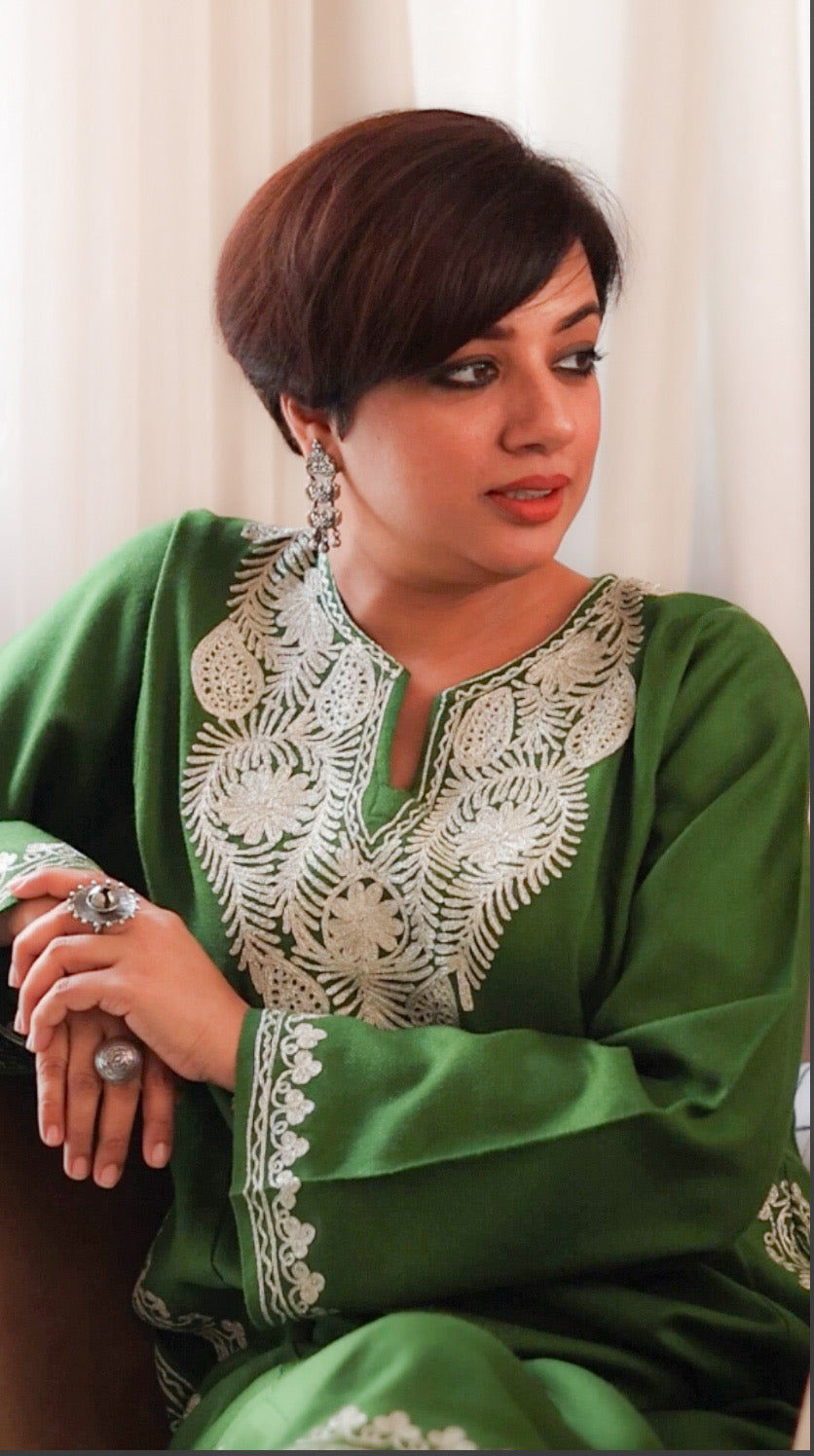 Rang-e-Khizan Forest Green Zari Gold Phiran - Kashmir Box