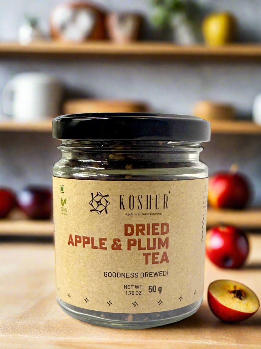 Dried Apple & Plum Tea | Meva Chai | Herbal Fruit Tea | Dried Fresh Fruits | Black Tea Leaves | Wellness Tea | Kashmiri Apples and Plums (50 g) - Kashmir Box