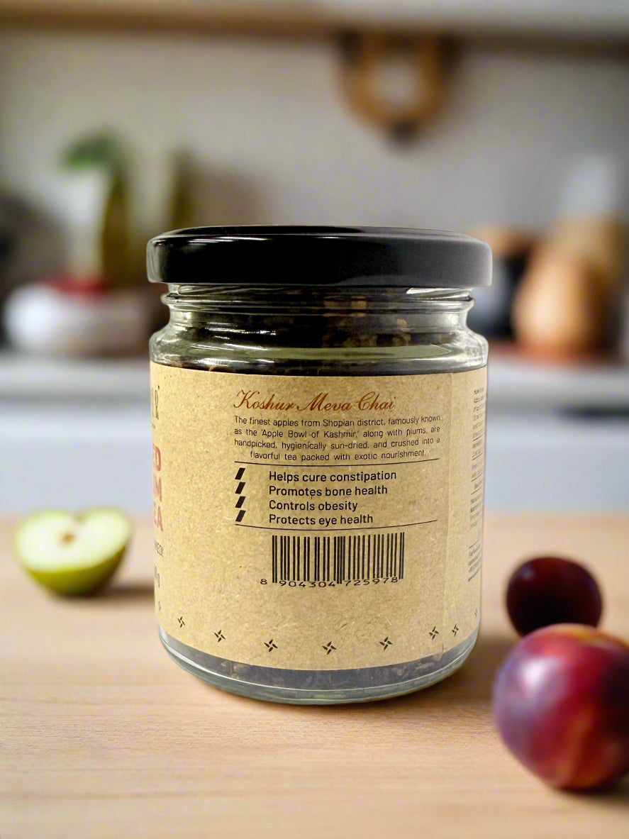 Dried Apple & Plum Tea | Meva Chai | Herbal Fruit Tea | Dried Fresh Fruits | Black Tea Leaves | Wellness Tea | Kashmiri Apples and Plums (50 g) - Kashmir Box