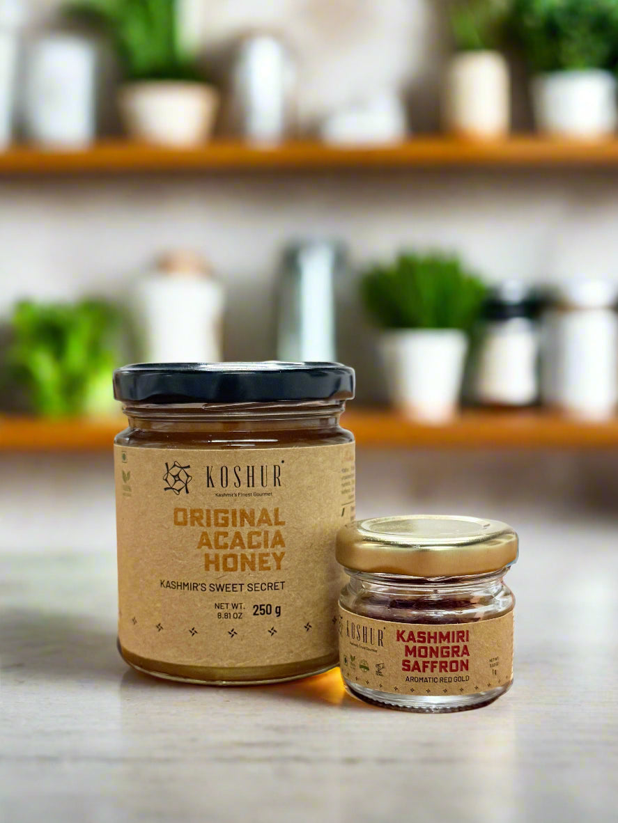 Koshur Kashmiri White Honey and Mongra Saffron Combo - Kashmir Box