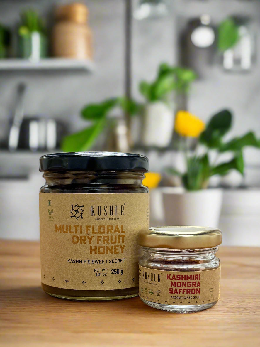 Koshur Dry Fruit Mix Acacia Honey and Mongra Saffron Combo - Kashmir Box