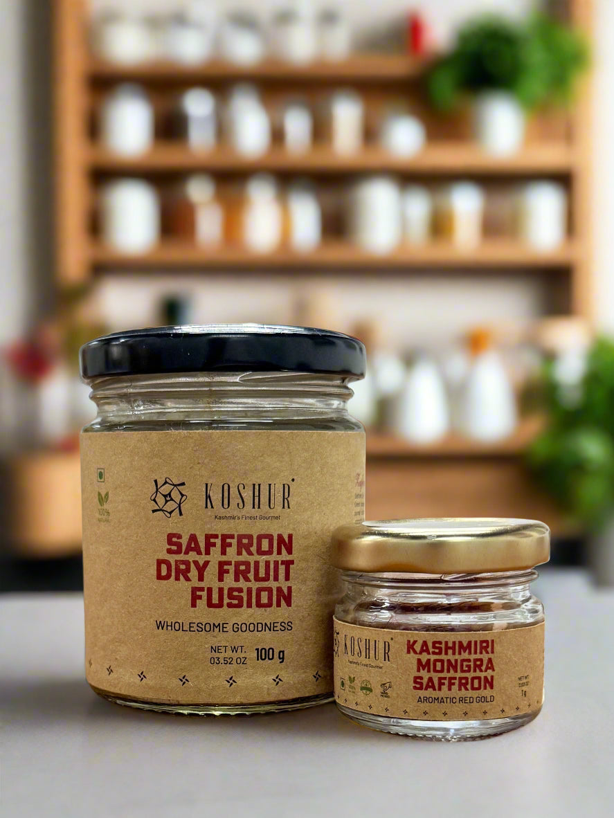 Koshur Dry Fruit And Saffron Mix and Mongra Saffron Combo - Kashmir Box